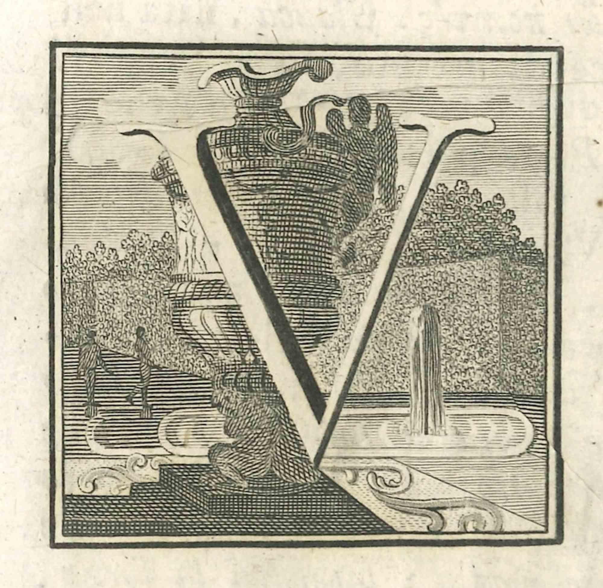 Lettre de l'alphabet V,  de la série "Antiquités d'Herculanum", est une gravure sur papier réalisée par divers auteurs au 18ème siècle.

Bonnes conditions.

La gravure appartient à la suite d'estampes "Antiquités d'Herculanum exposées" (titre