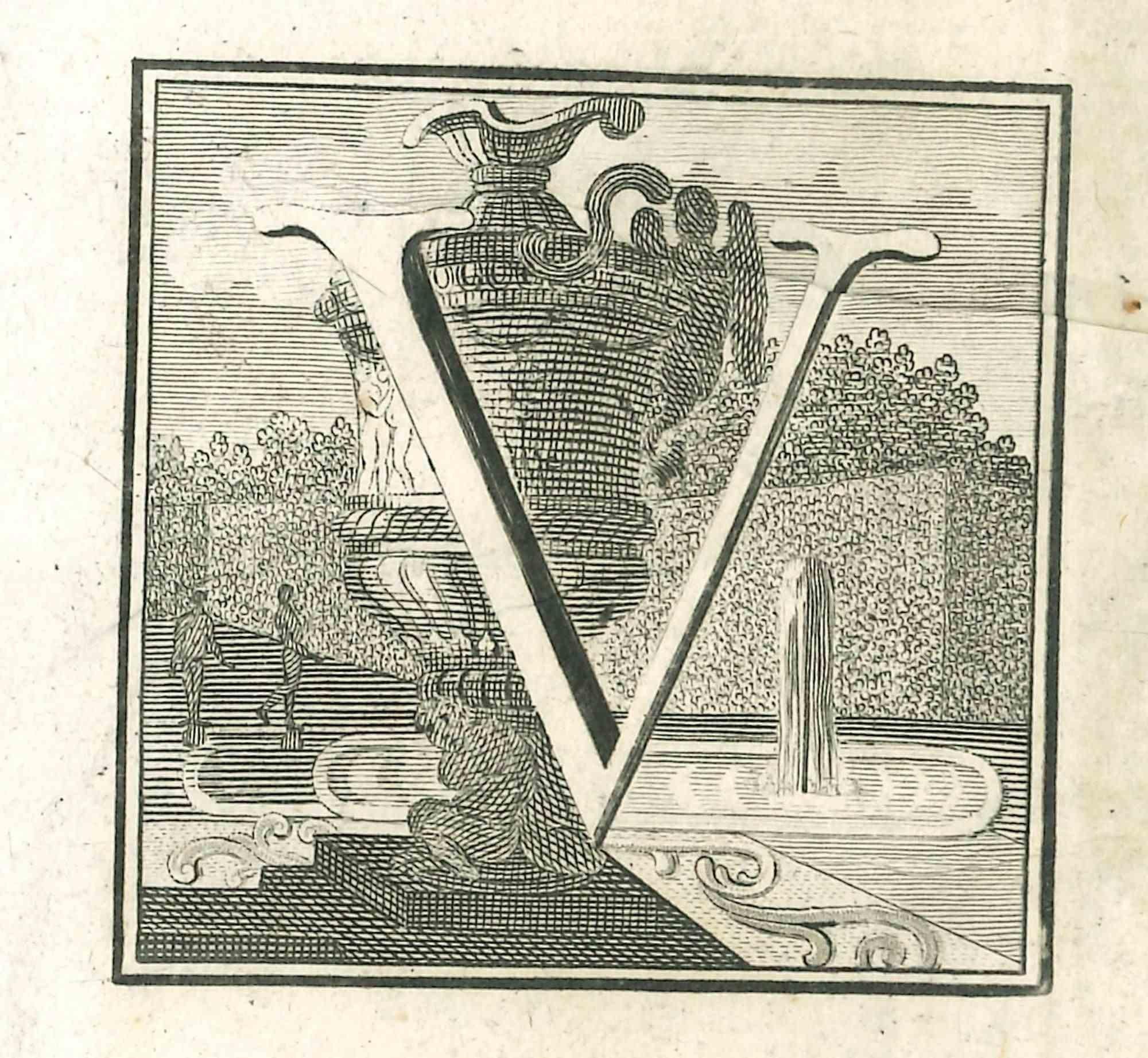 Lettre de l'alphabet V,  de la série "Antiquités d'Herculanum", est une gravure sur papier réalisée par Luigi Vanvitelli au 18ème siècle.

Bon état avec quelques pliures.

La gravure appartient à la suite d'estampes "Antiquités d'Herculanum