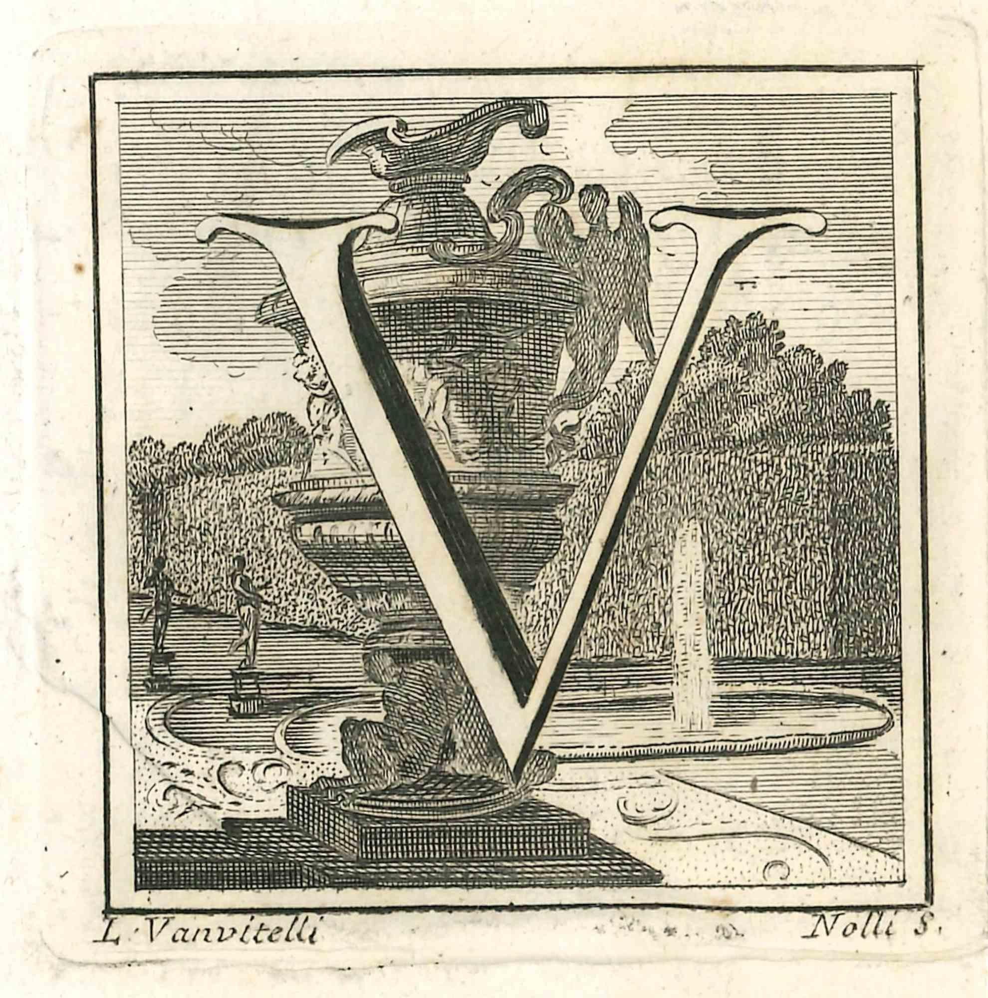 Buchstabe des Alphabets V,  aus der Serie "Altertümer von Herculaneum" ist eine Radierung auf Papier, die von Luigi Vanvitelli im 18.

Guter Zustand mit einigen Faltungen.

Die Radierung gehört zu der Druckserie "Antiquities of Herculaneum Exposed"