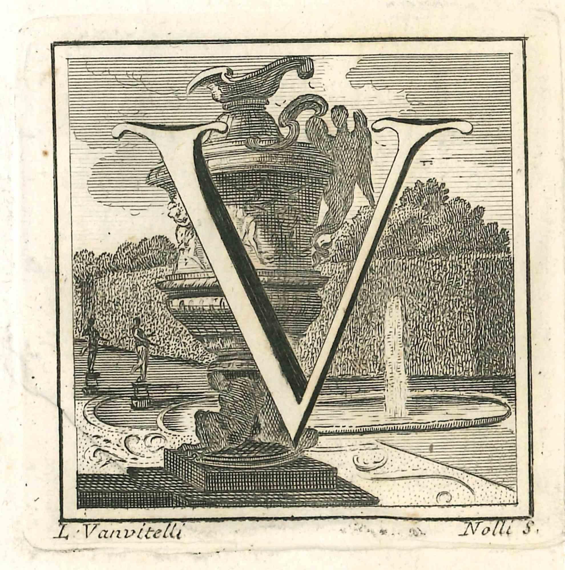 Lettre de l'alphabet V,  de la série "Antiquités d'Herculanum", est une gravure sur papier réalisée par Luigi Vanvitelli au 18ème siècle.

Bon état avec quelques pliures.

La gravure appartient à la suite d'estampes "Antiquités d'Herculanum