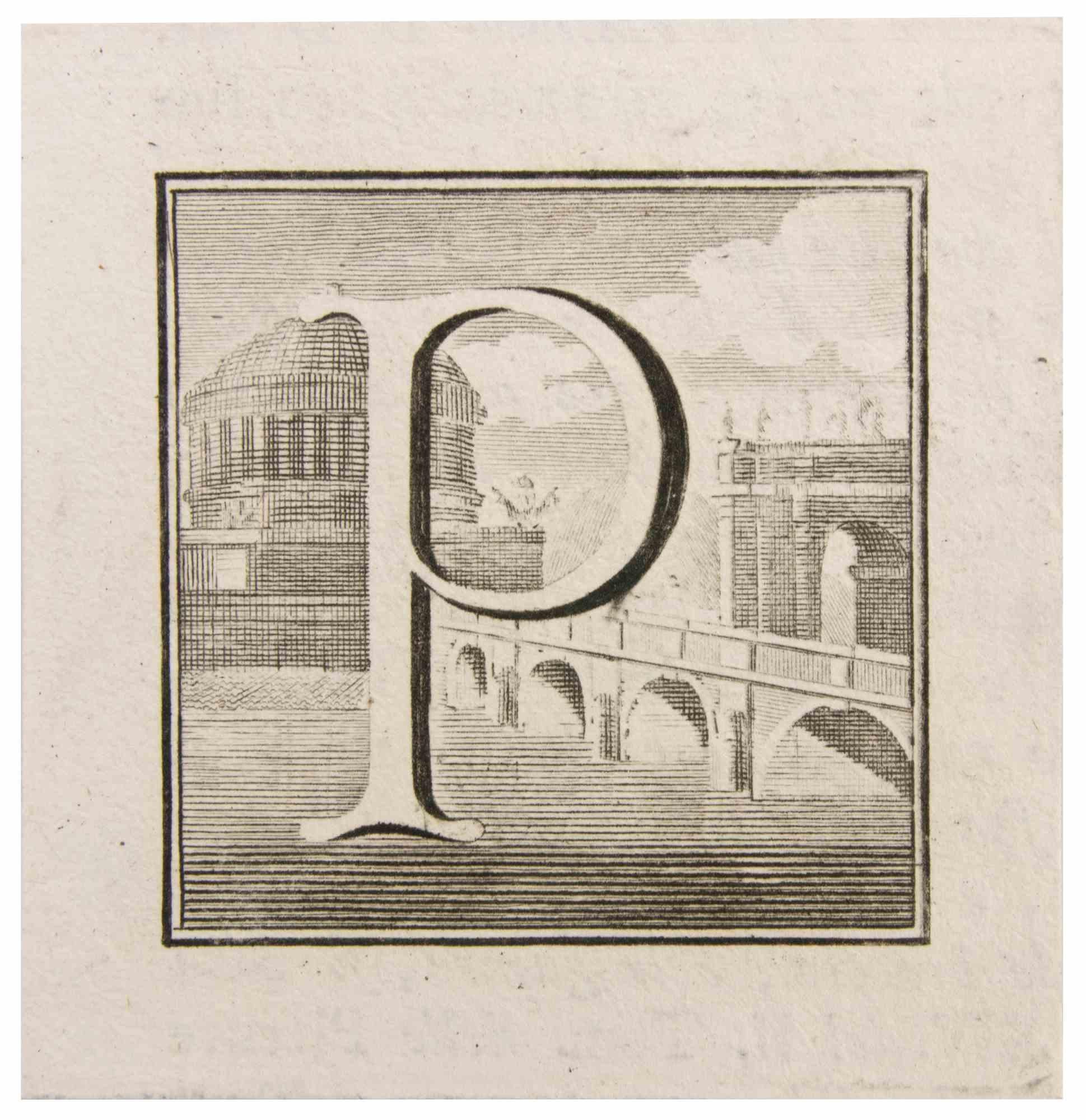 Letter P is an Etching realized by Luigi Vanvitelli.

The etching belongs to the print suite “Antiquities of Herculaneum Exposed” (original title: “Le Antichità di Ercolano Esposte”), an eight-volume volume of engravings of the finds from the