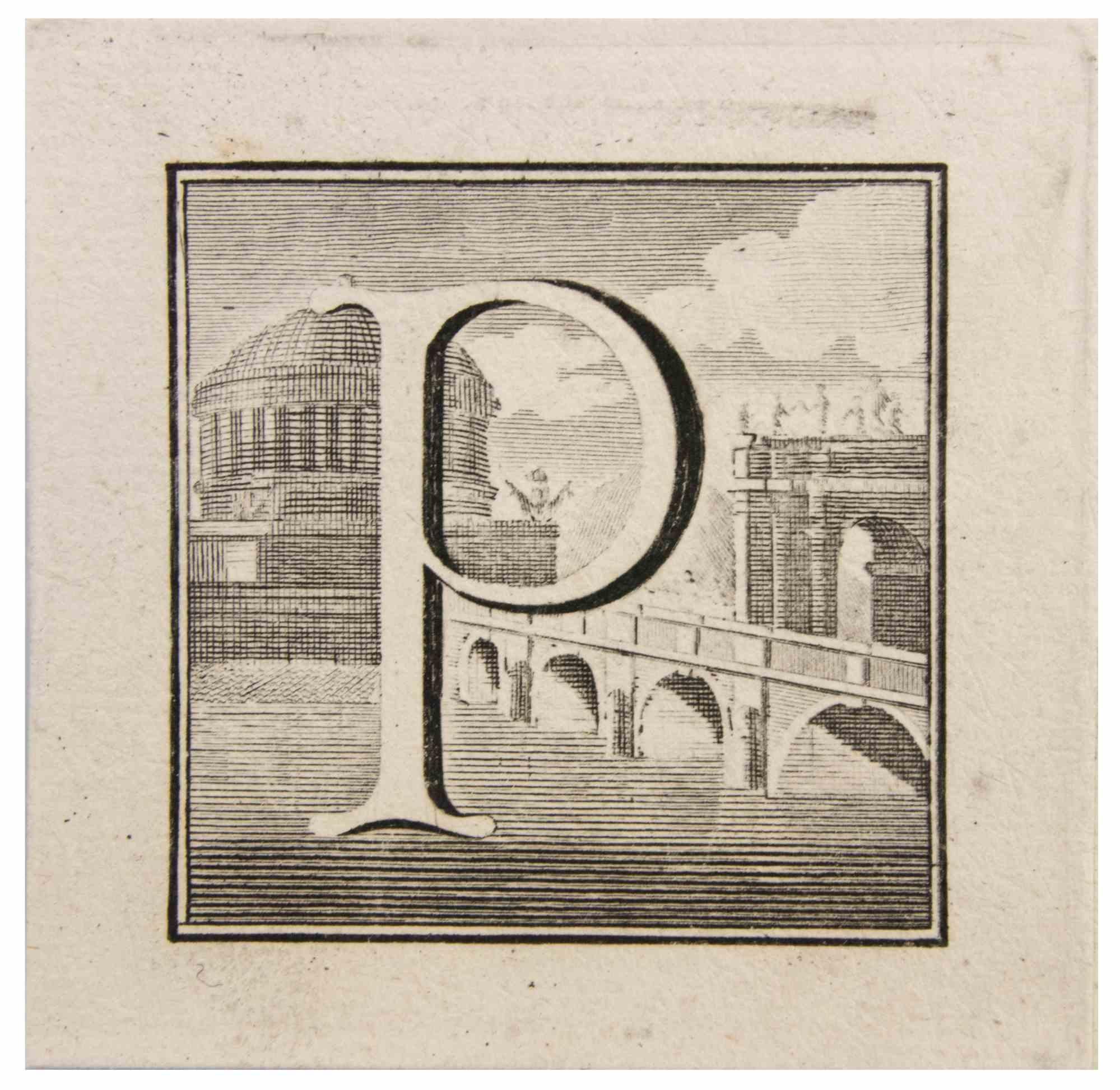 Buchstabe P ist eine Radierung von Luigi Vanvitelli realisiert.

Die Radierung gehört zu der Druckserie "Antiquities of Herculaneum Exposed" (Originaltitel: "Le Antichità di Ercolano Esposte"), einem achtbändigen Band mit Stichen von Funden aus den