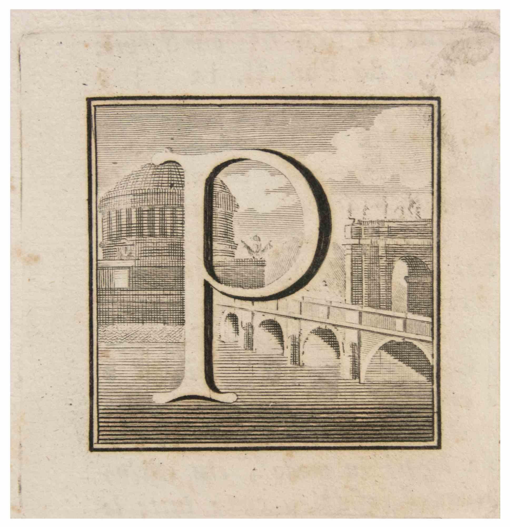 Buchstabe P ist eine Radierung von Luigi Vanvitelli realisiert.

Die Radierung gehört zu der Druckserie "Antiquities of Herculaneum Exposed" (Originaltitel: "Le Antichità di Ercolano Esposte"), einem achtbändigen Band mit Stichen von Funden aus den