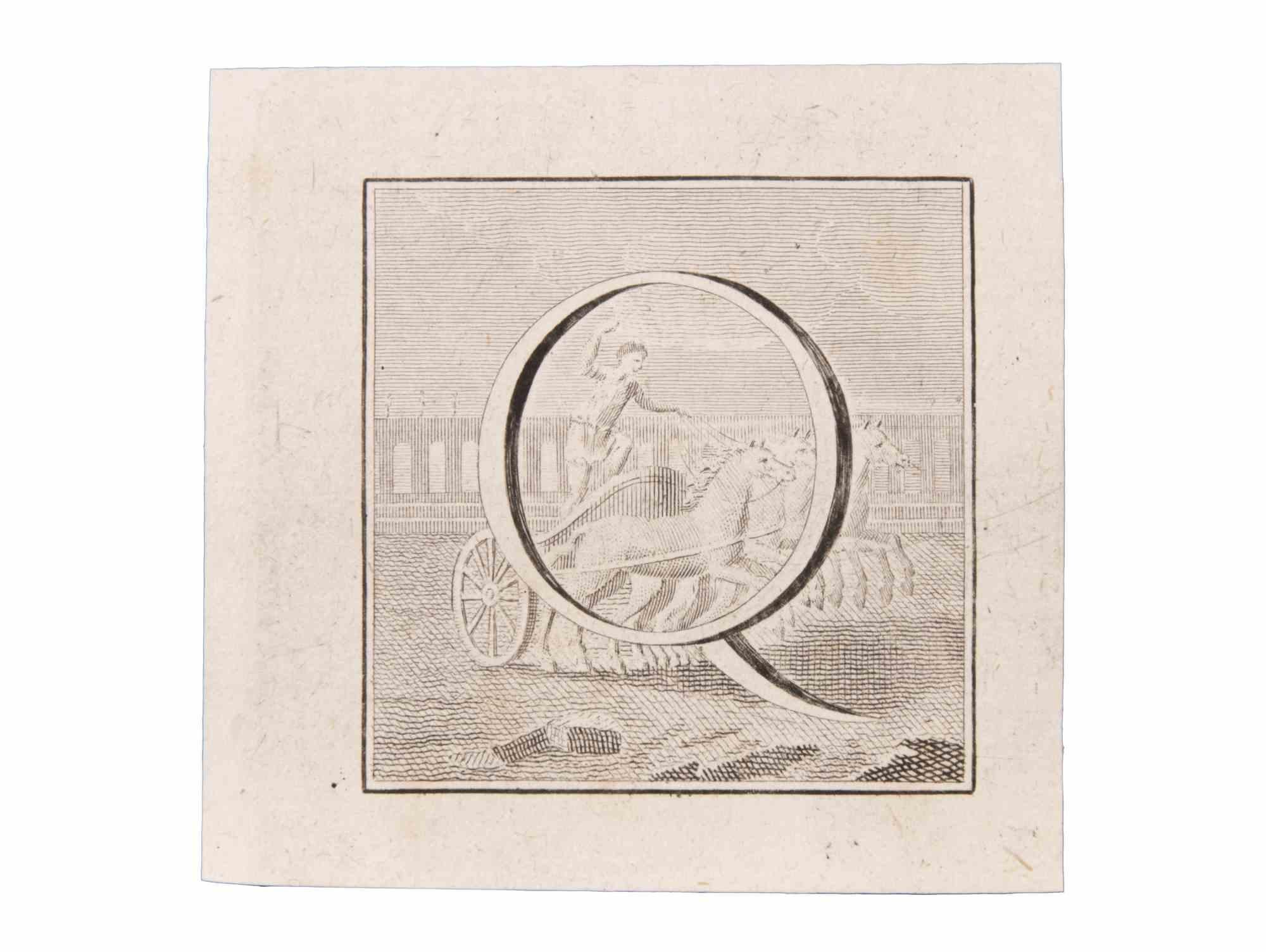 Lettre Q est une gravure réalisée par Luigi Vanvitelli du 18ème siècle.

La gravure appartient à la suite d'estampes "Antiquités d'Herculanum exposées" (titre original : "Le Antichità di Ercolano Esposte"), un volume de huit gravures des découvertes