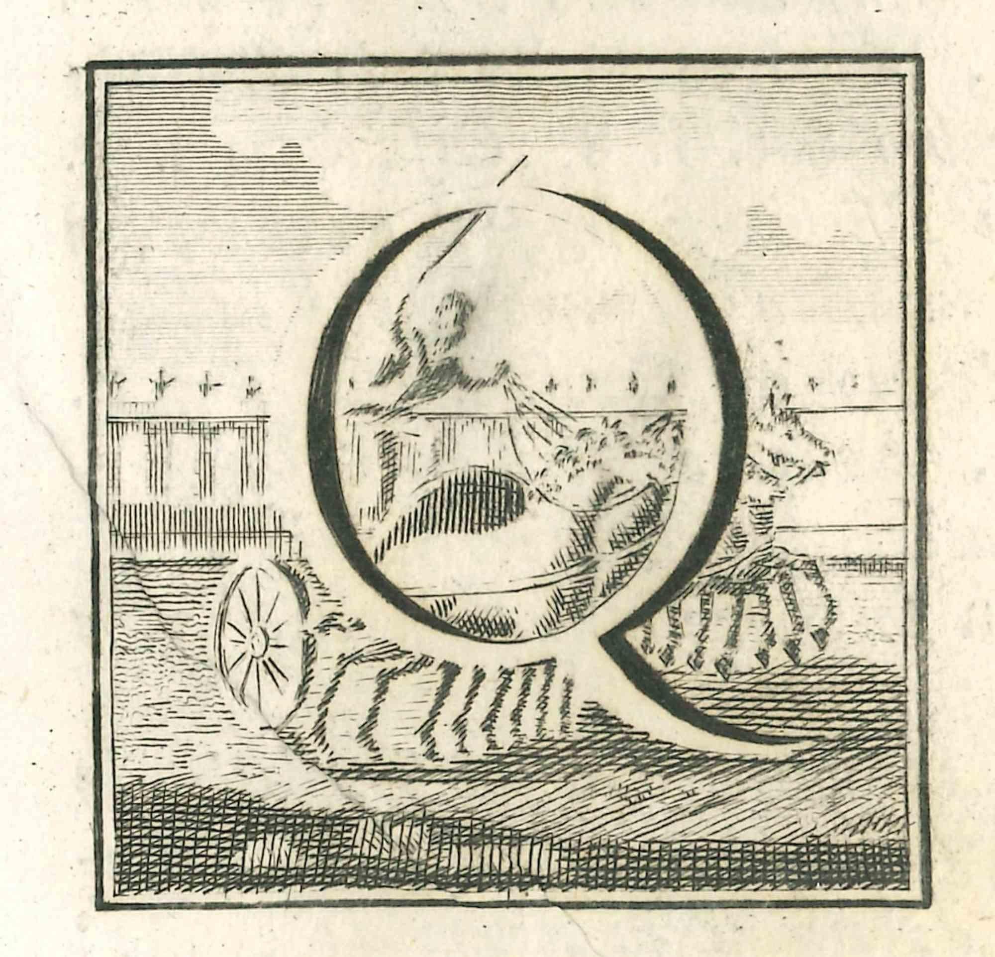 Letter Q is an Etching realized by Luigi Vanvitelli.

The etching belongs to the print suite “Antiquities of Herculaneum Exposed” (original title: “Le Antichità di Ercolano Esposte”), an eight-volume volume of engravings of the finds from the