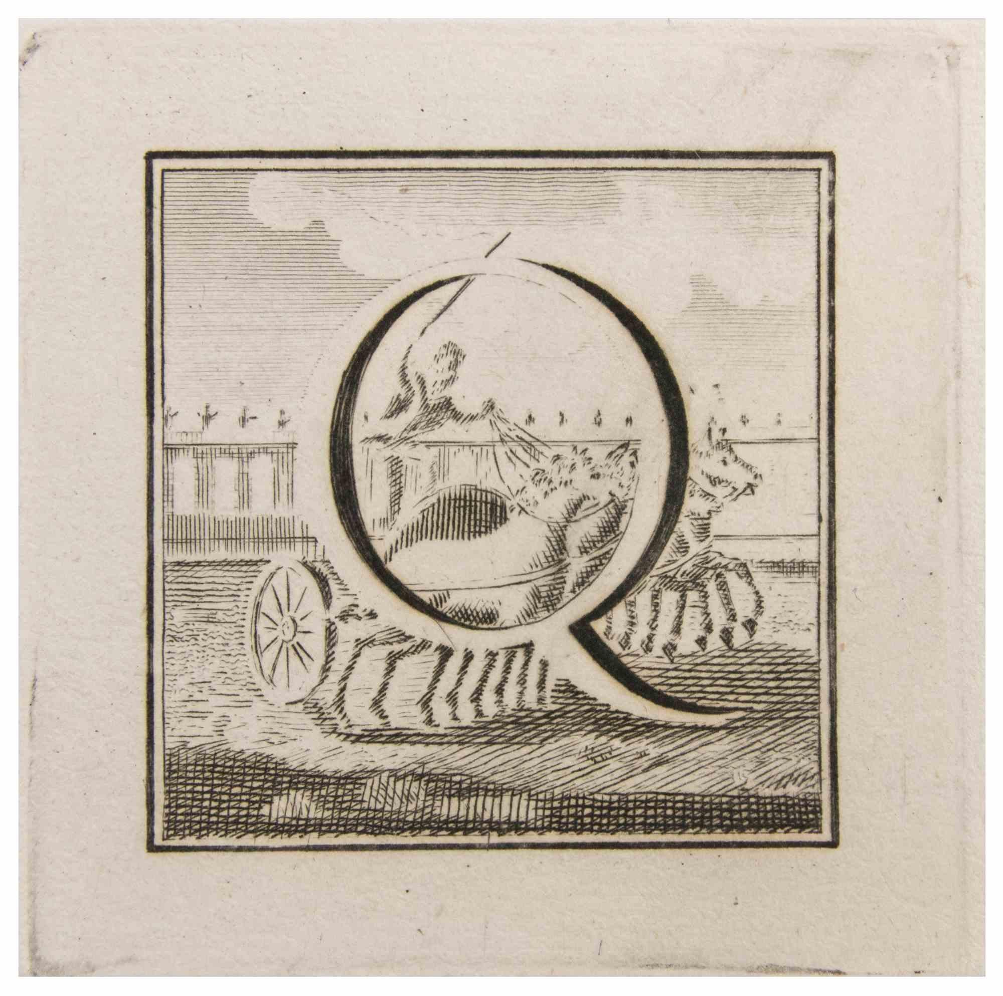 Buchstabe Q ist eine Radierung von Luigi Vanvitelli realisiert.

Die Radierung gehört zu der Druckserie "Antiquities of Herculaneum Exposed" (Originaltitel: "Le Antichità di Ercolano Esposte"), einem achtbändigen Band mit Stichen von Funden aus den