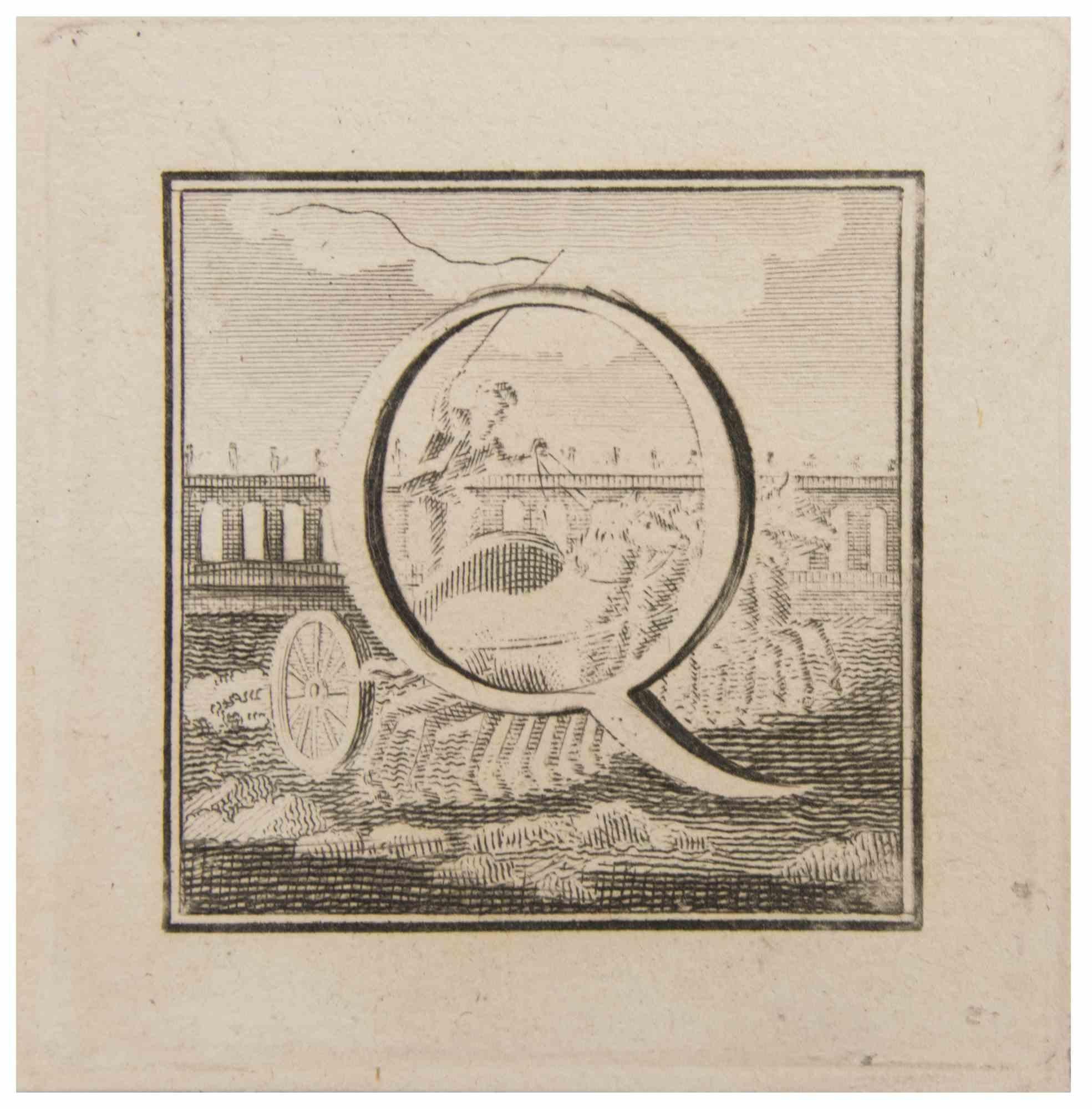 Letter Q is an Etching realized by Luigi Vanvitelli.

The etching belongs to the print suite “Antiquities of Herculaneum Exposed” (original title: “Le Antichità di Ercolano Esposte”), an eight-volume volume of engravings of the finds from the
