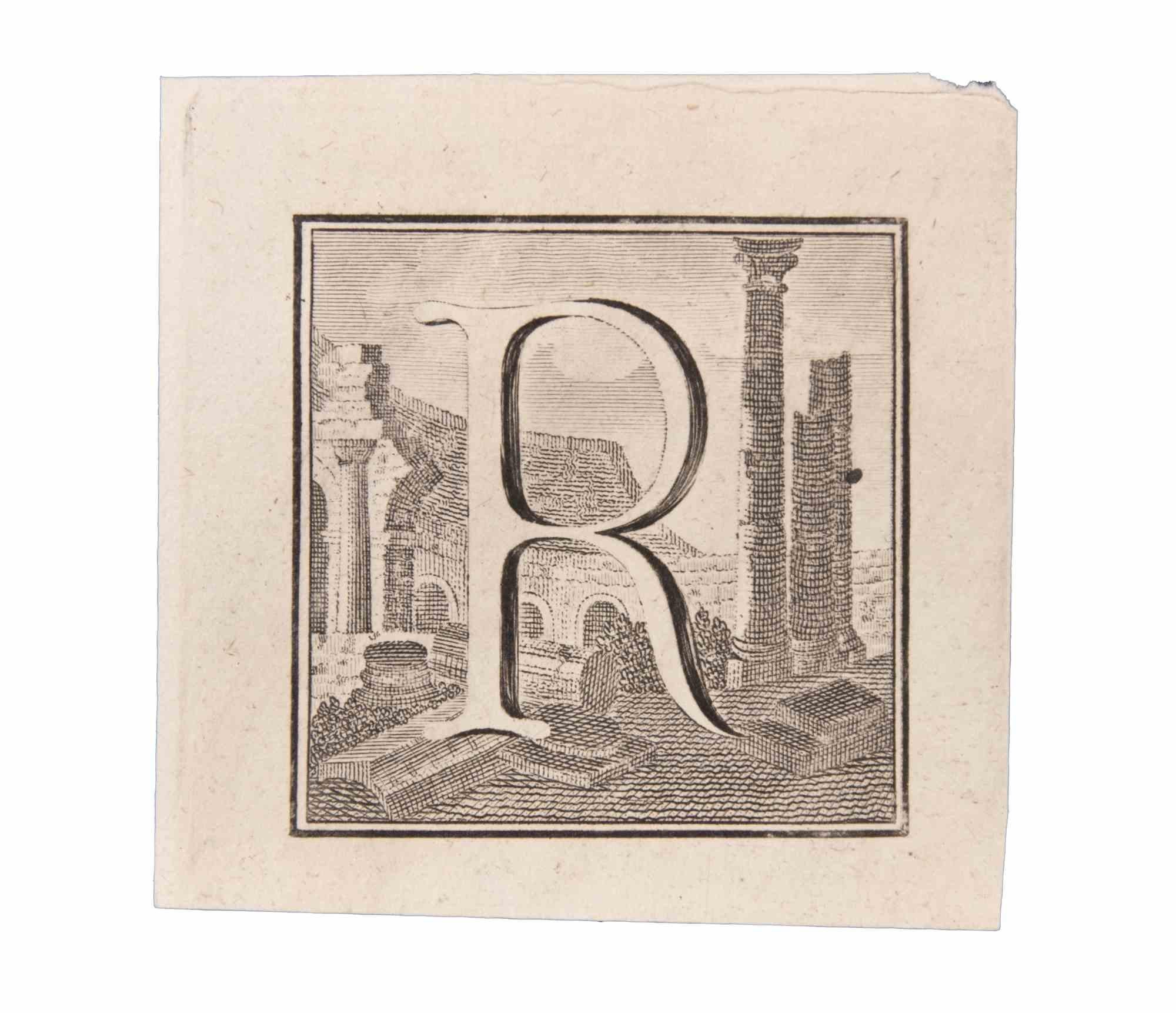 Buchstabe R ist eine Radierung von Luigi Vanvitelli Künstler des 18. Jahrhunderts realisiert.

Die Radierung gehört zu der Druckserie "Antiquities of Herculaneum Exposed" (Originaltitel: "Le Antichità di Ercolano Esposte"), einem achtbändigen Band