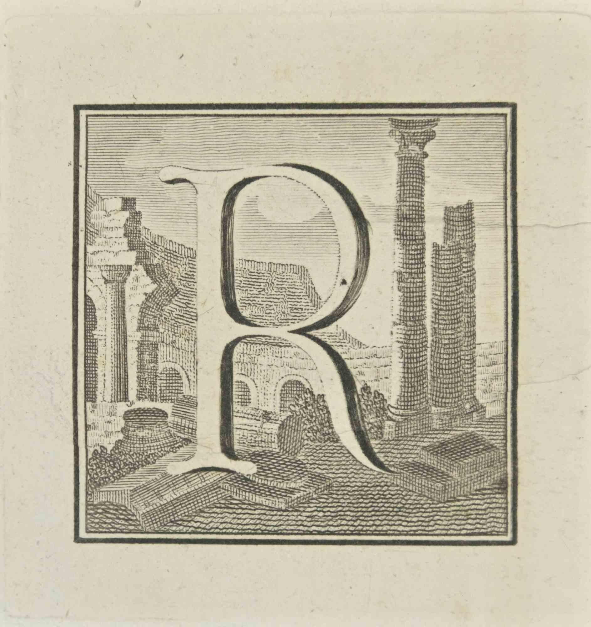 Letter R is an Etching realized by Luigi Vanvitelli artist of 18th century.

The etching belongs to the print suite “Antiquities of Herculaneum Exposed” (original title: “Le Antichità di Ercolano Esposte”), an eight-volume volume of engravings of
