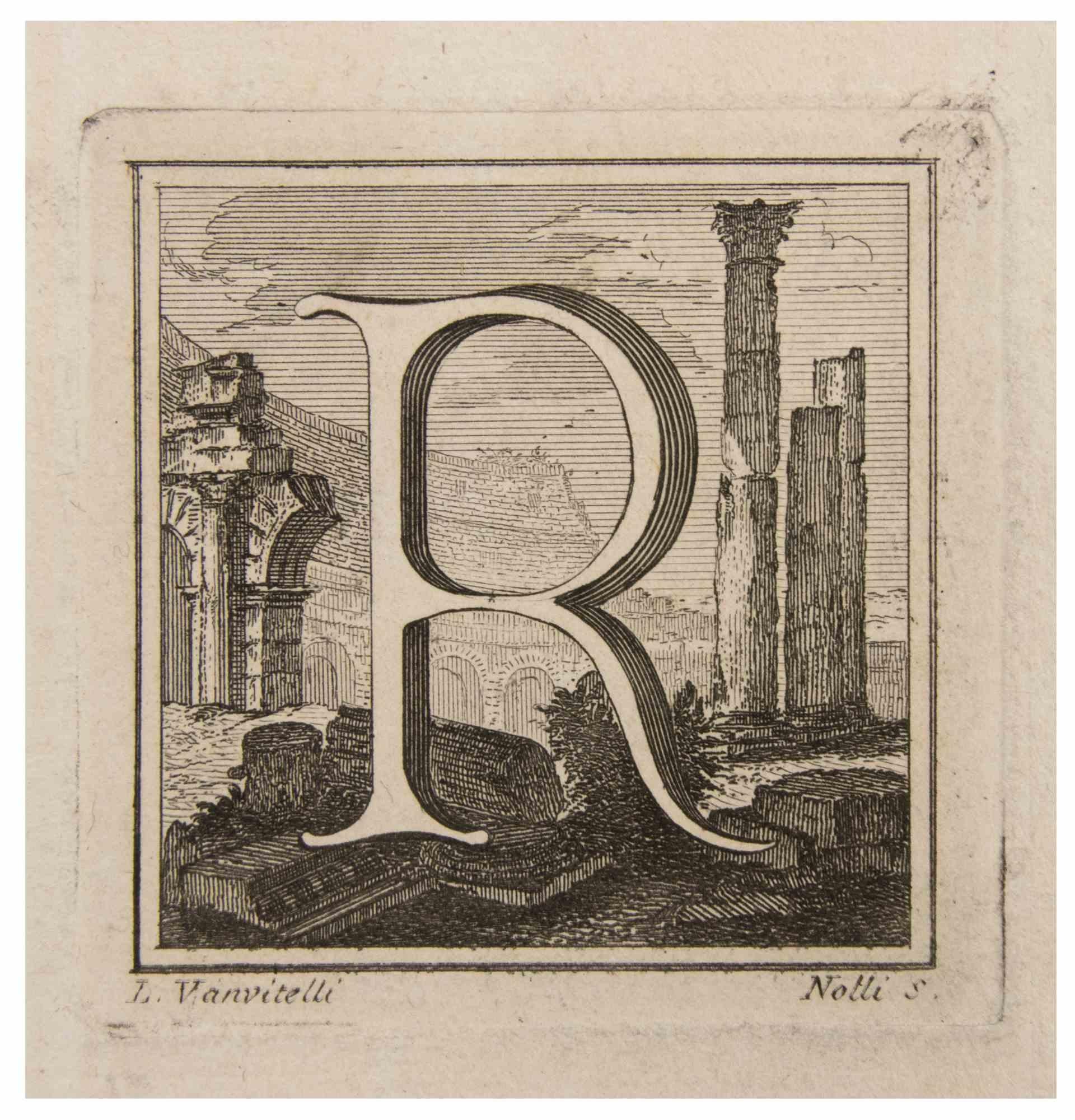 Buchstabe R ist eine Radierung von Luigi Vanvitelli Künstler des 18. Jahrhunderts realisiert.

Die Radierung gehört zu der Druckserie "Antiquities of Herculaneum Exposed" (Originaltitel: "Le Antichità di Ercolano Esposte"), einem achtbändigen Band