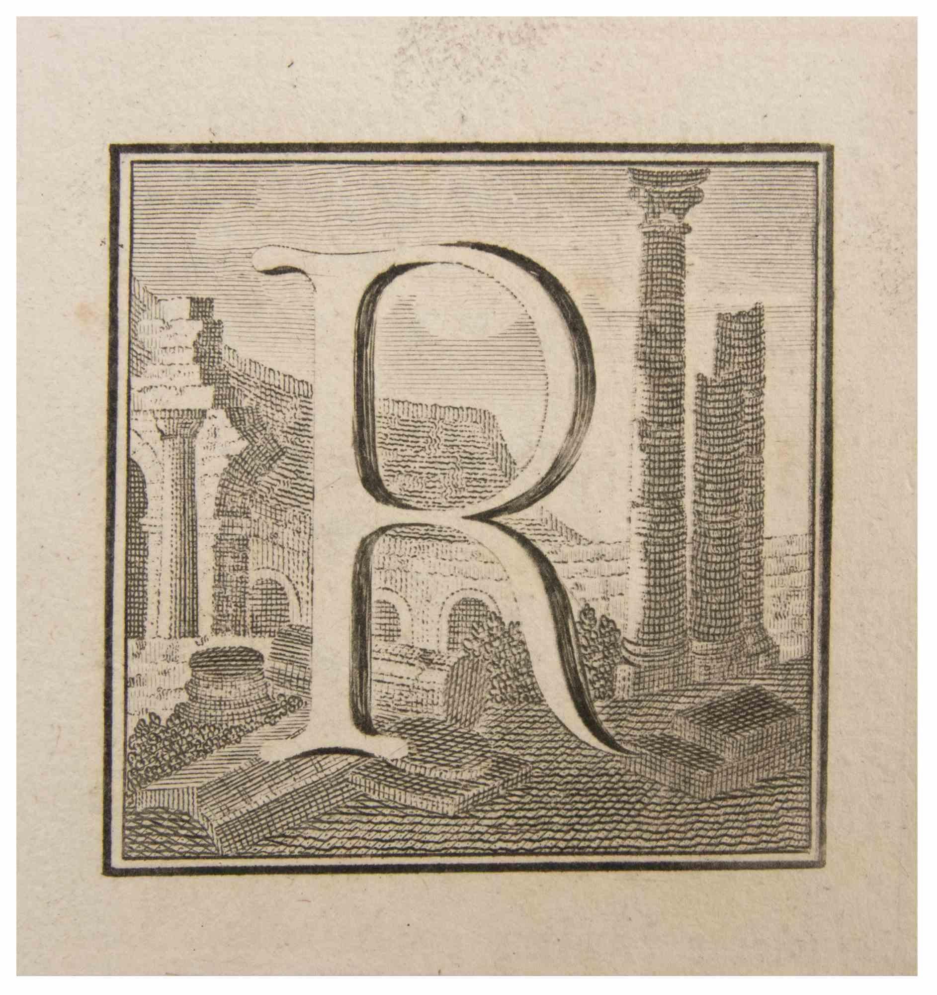 Buchstabe R ist eine Radierung von Luigi Vanvitelli Künstler des 18. Jahrhunderts realisiert.

Die Radierung gehört zu der Druckserie "Antiquities of Herculaneum Exposed" (Originaltitel: "Le Antichità di Ercolano Esposte"), einem achtbändigen Band
