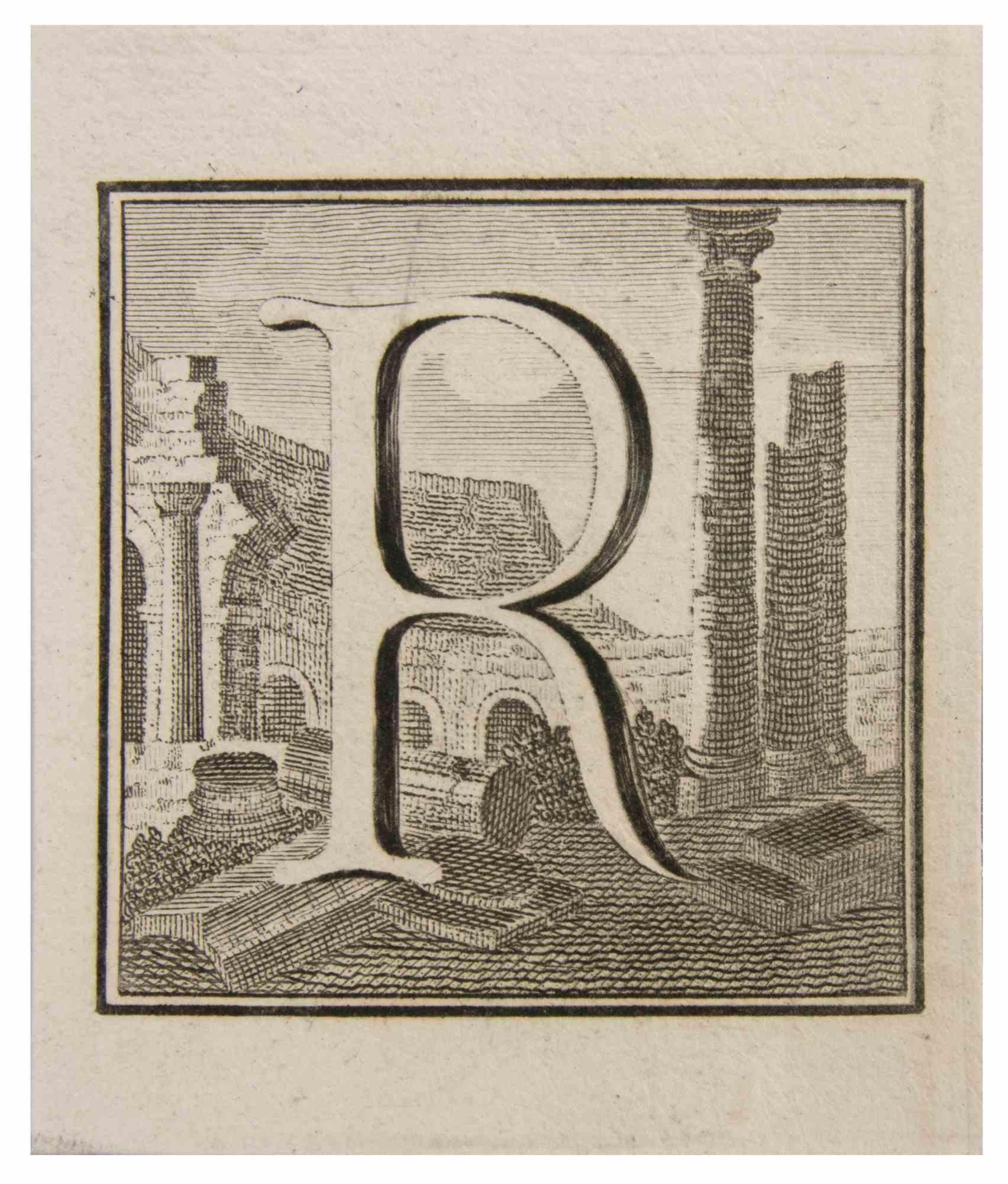 Buchstabe R ist eine Radierung von Luigi Vanvitelli Künstler des 18. Jahrhunderts realisiert.

Die Radierung gehört zu der Druckserie "Antiquities of Herculaneum Exposed" (Originaltitel: "Le Antichità di Ercolano Esposte"), einem achtbändigen Band