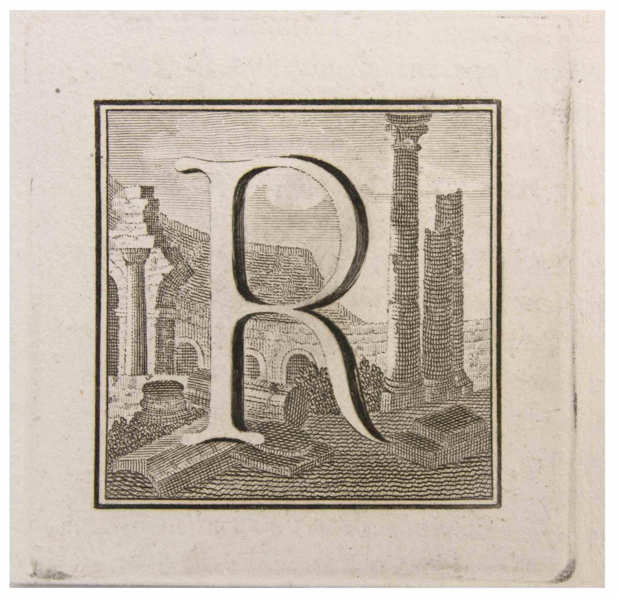 Letter R is an Etching realized by Luigi Vanvitelli artist of 18th century.

The etching belongs to the print suite “Antiquities of Herculaneum Exposed” (original title: “Le Antichità di Ercolano Esposte”), an eight-volume volume of engravings of
