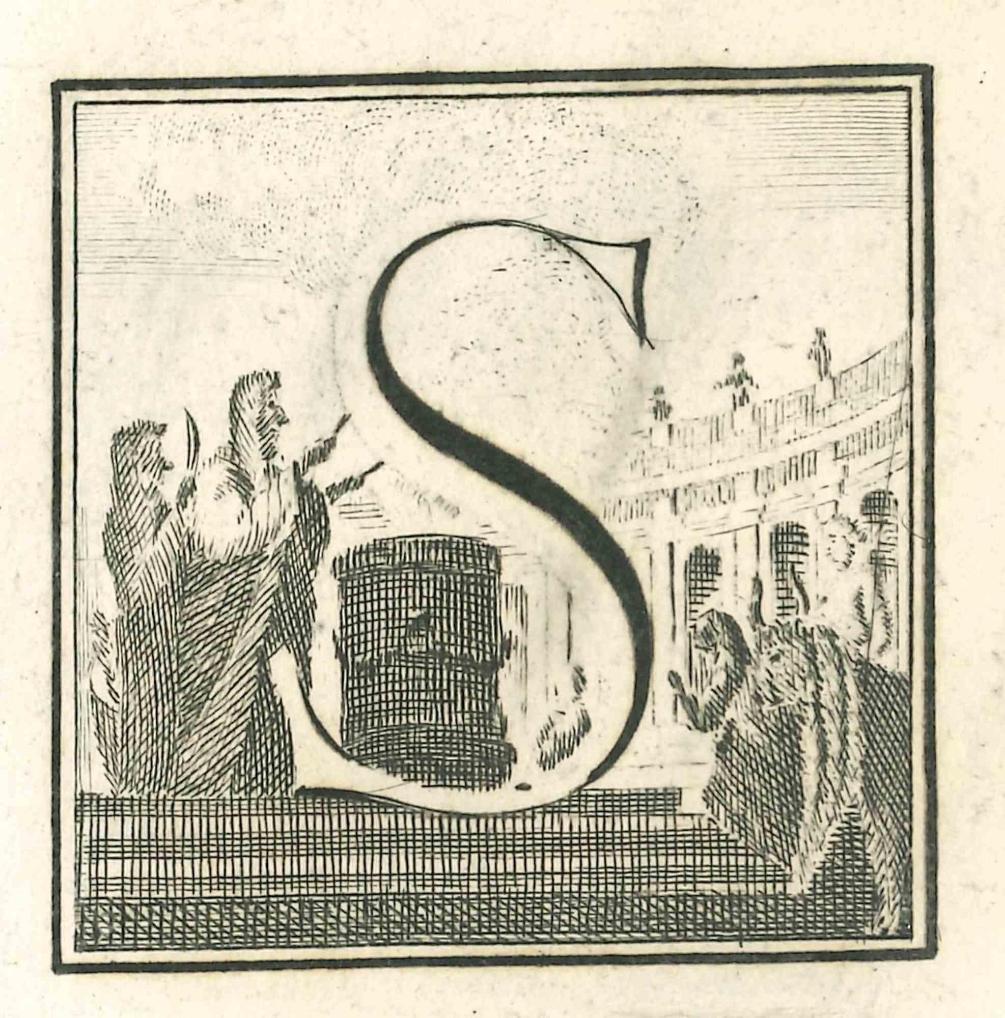 Letter S is an etching realized by Luigi Vanvitelli artist of 18th century.

The etching belongs to the print suite “Antiquities of Herculaneum Exposed” (original title: “Le Antichità di Ercolano Esposte”), an eight-volume volume of engravings of