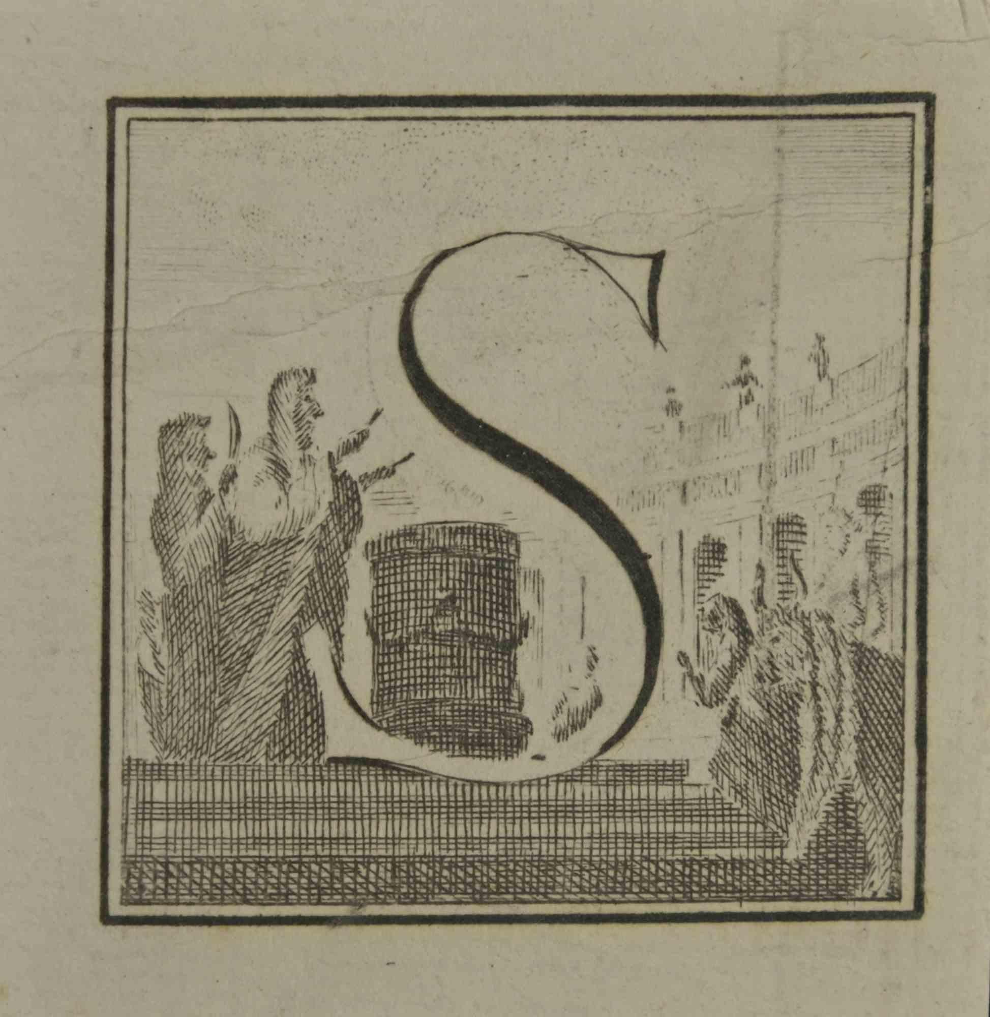 Letter S is an etching realized by Luigi Vanvitelli artist of the 18th century.

The etching belongs to the print suite “Antiquities of Herculaneum Exposed” (original title: “Le Antichità di Ercolano Esposte”), an eight-volume volume of engravings
