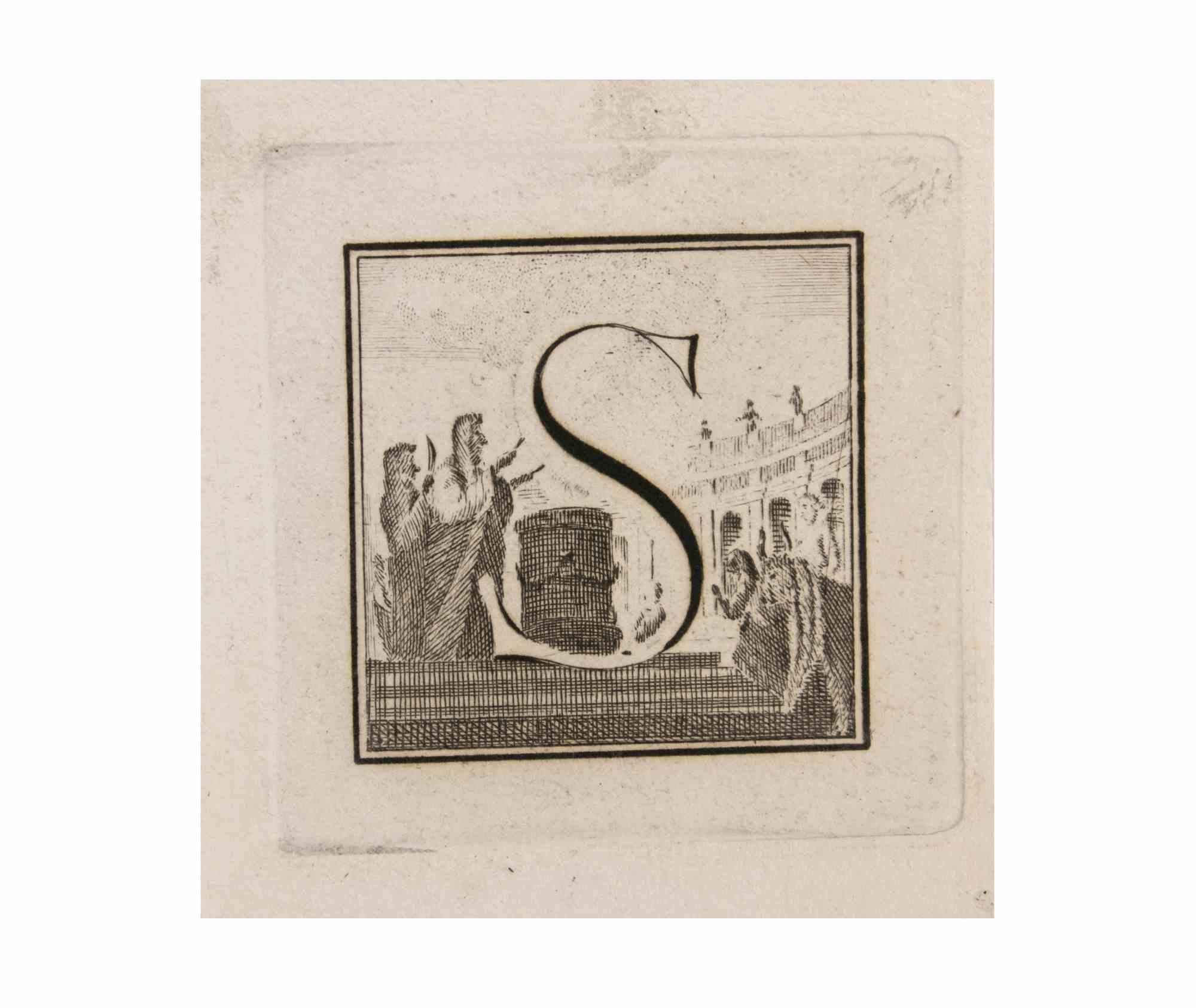 Buchstabe S ist eine Radierung von Luigi Vanvitelli realisiert.

Die Radierung gehört zu der Druckserie "Antiquities of Herculaneum Exposed" (Originaltitel: "Le Antichità di Ercolano Esposte"), einem achtbändigen Band mit Stichen von Funden aus den