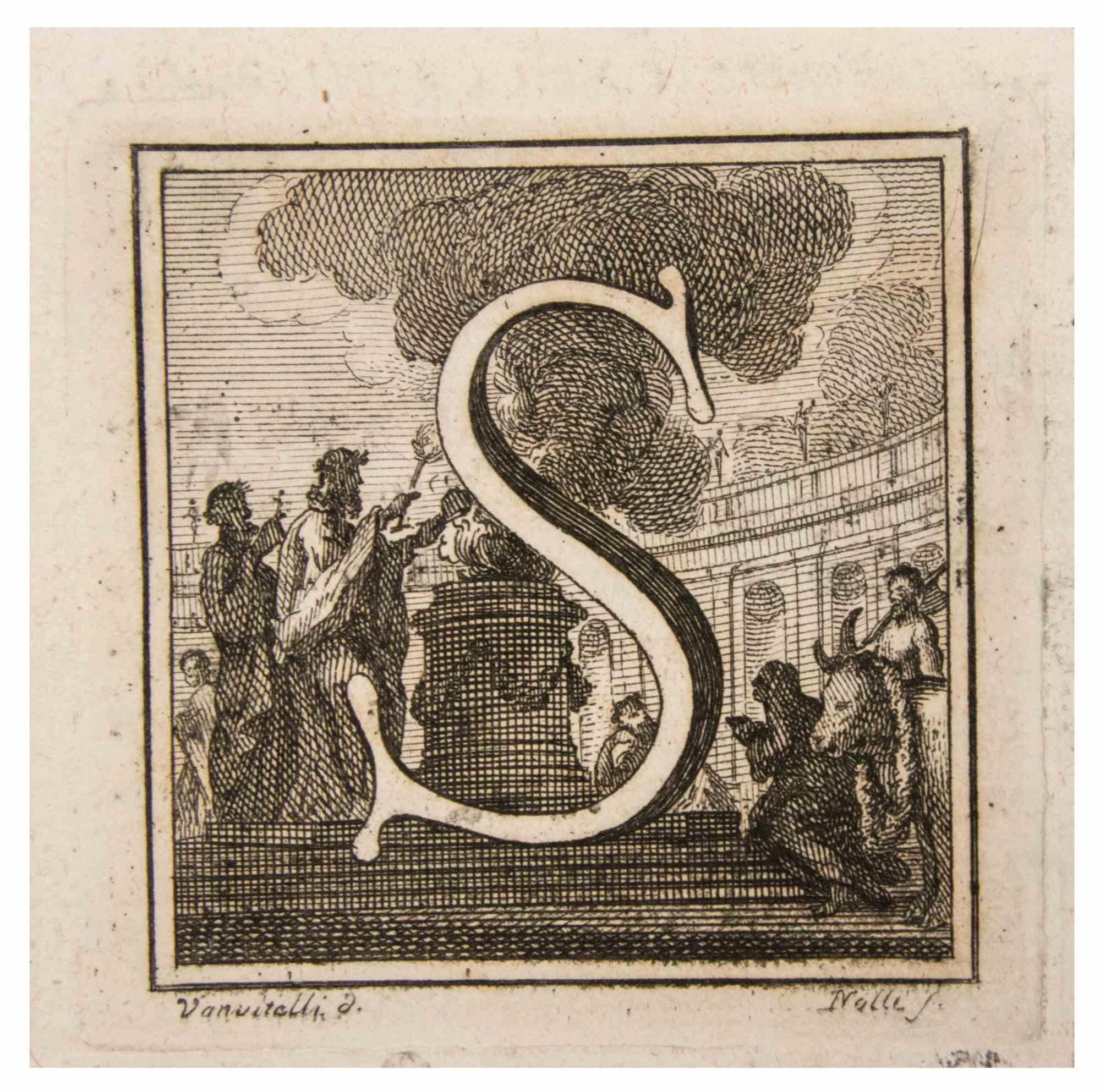 Letter S is an Etching realized by Luigi Vanvitelli.

The etching belongs to the print suite “Antiquities of Herculaneum Exposed” (original title: “Le Antichità di Ercolano Esposte”), an eight-volume volume of engravings of the finds from the