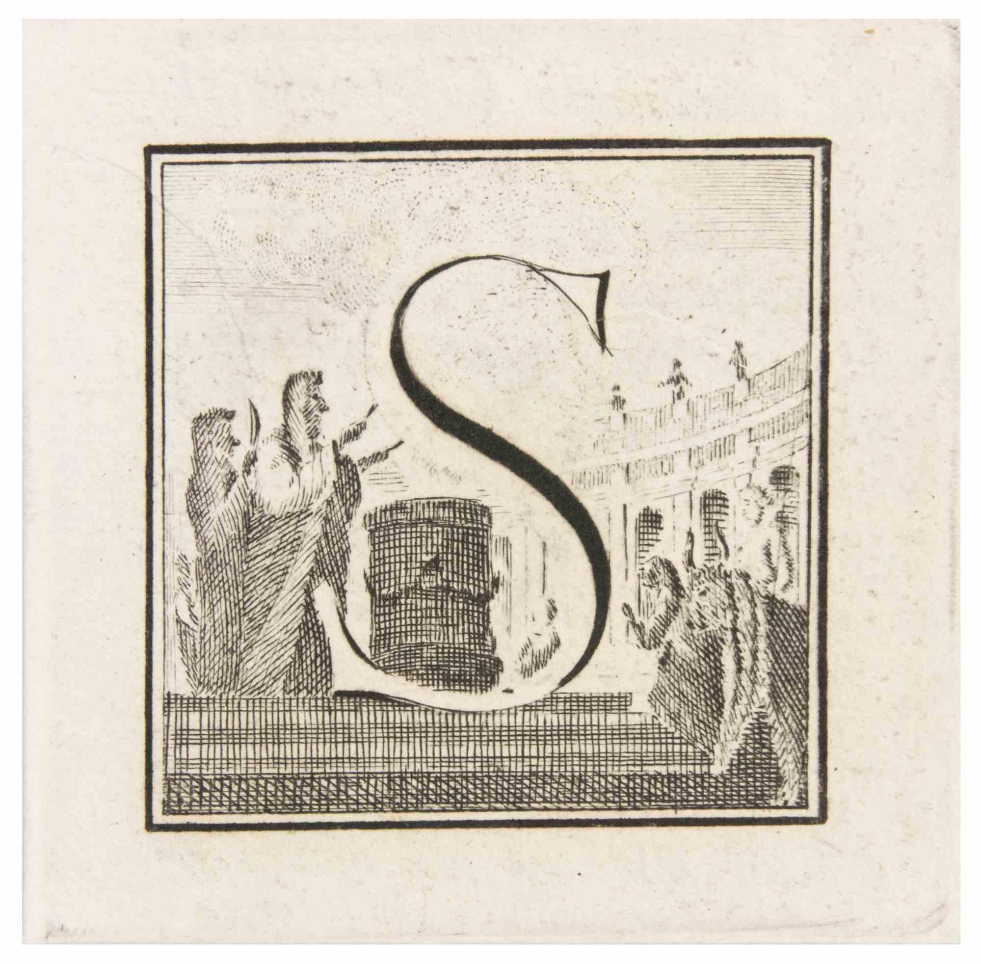 Letter S is an Etching realized by Luigi Vanvitelli.

The etching belongs to the print suite “Antiquities of Herculaneum Exposed” (original title: “Le Antichità di Ercolano Esposte”), an eight-volume volume of engravings of the finds from the