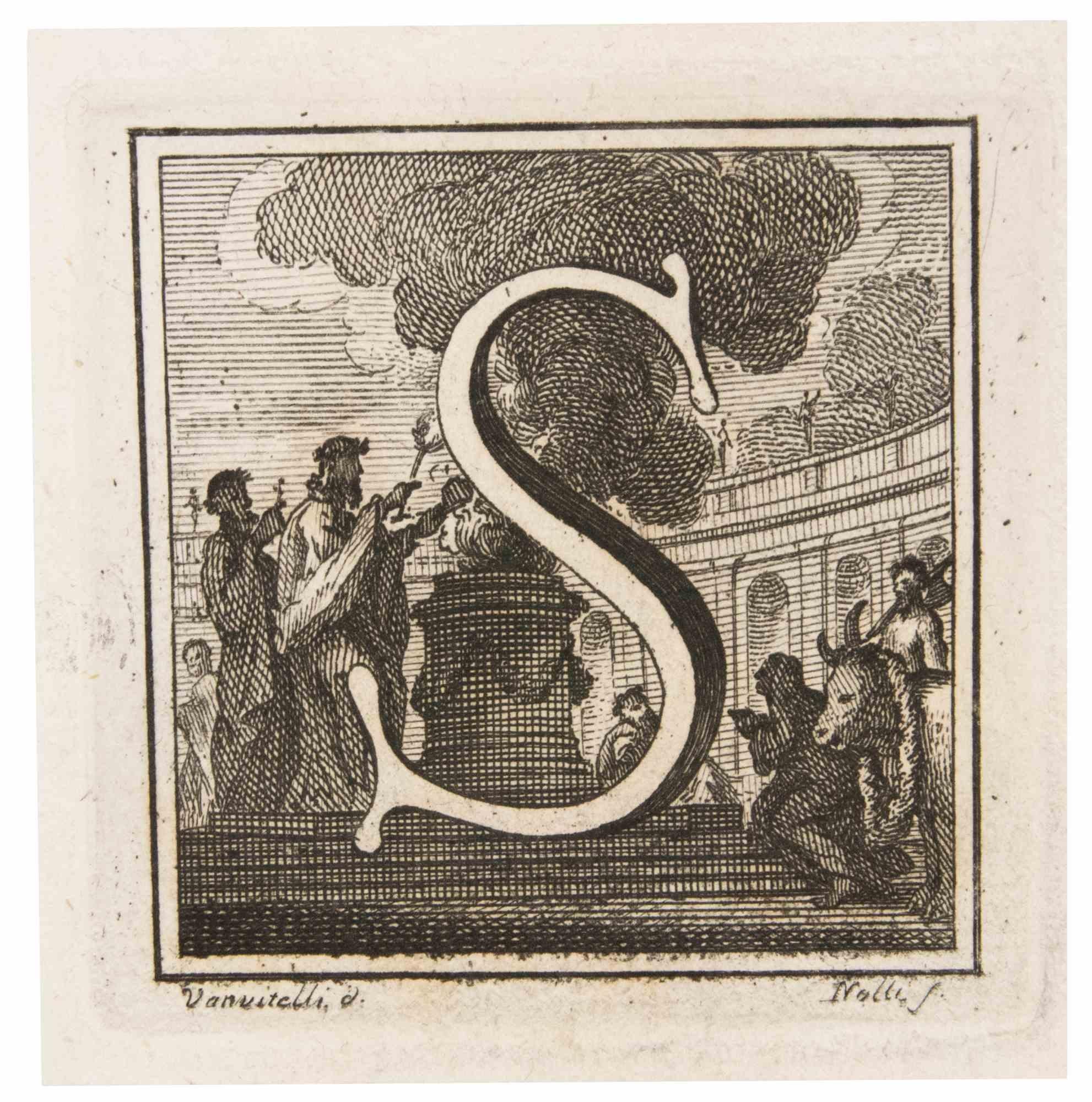 Letter S is an Etching realized by Luigi Vanvitelli.

The etching belongs to the print suite “Antiquities of Herculaneum Exposed” (original title: “Le Antichità di Ercolano Esposte”), an eight-volume volume of engravings of the finds from the