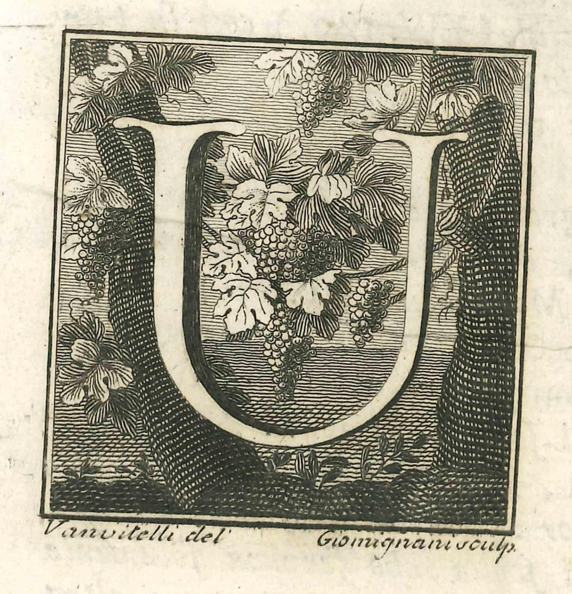 Letter A is an etching realized by Luigi Vanvitelli artist of 18th century.

The etching belongs to the print suite “Antiquities of Herculaneum Exposed” (original title: “Le Antichità di Ercolano Esposte”), an eight-volume volume of engravings of