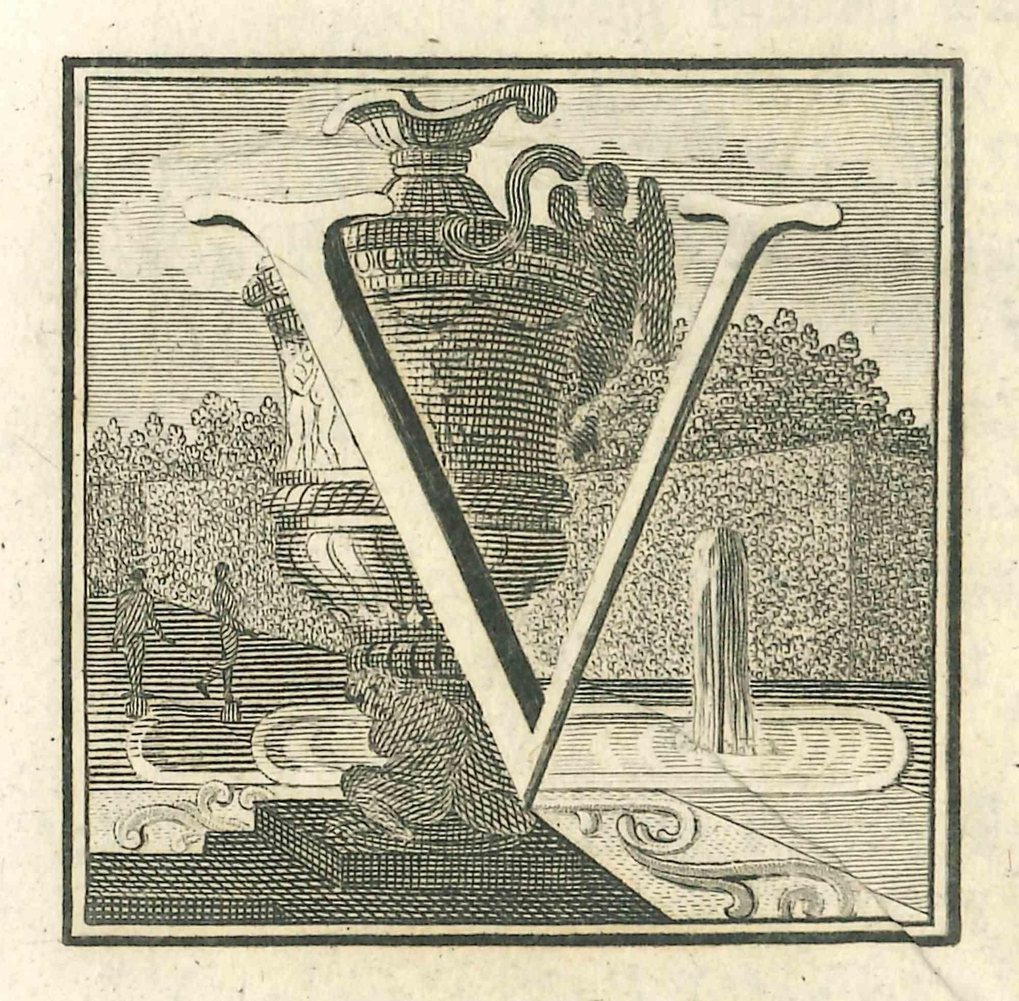 Letter V is an etching realized by Luigi Vanvitelli artist of 18th century.

The etching belongs to the print suite “Antiquities of Herculaneum Exposed” (original title: “Le Antichità di Ercolano Esposte”), an eight-volume volume of engravings of