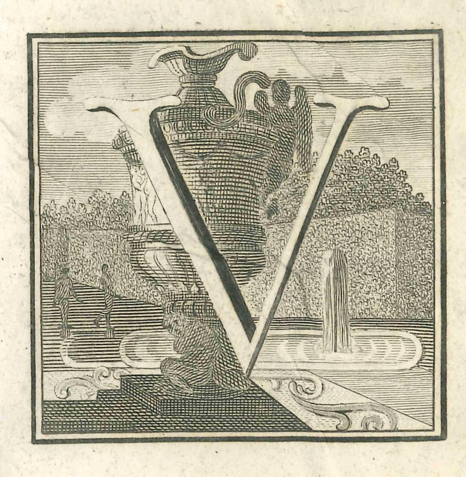 Letter V is an Etching realized by Luigi Vanvitelli.

The etching belongs to the print suite “Antiquities of Herculaneum Exposed” (original title: “Le Antichità di Ercolano Esposte”), an eight-volume volume of engravings of the finds from the