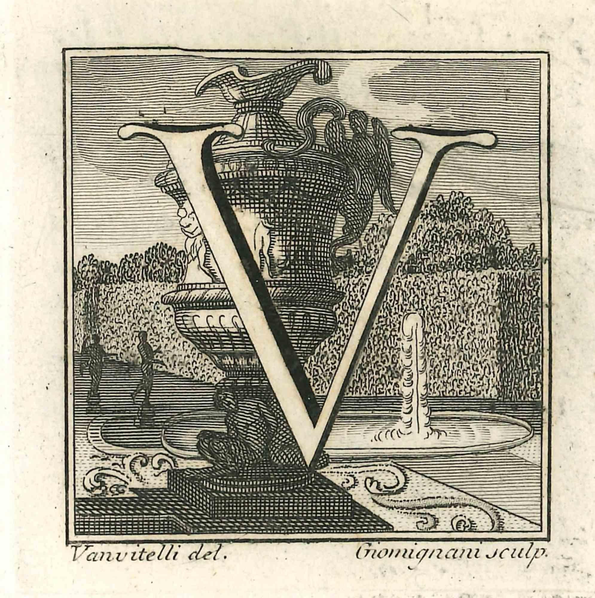 Letter V is an Etching realized by Luigi Vanvitelli in 18th century.

The etching belongs to the print suite “Antiquities of Herculaneum Exposed” (original title: “Le Antichità di Ercolano Esposte”), an eight-volume volume of engravings of the finds