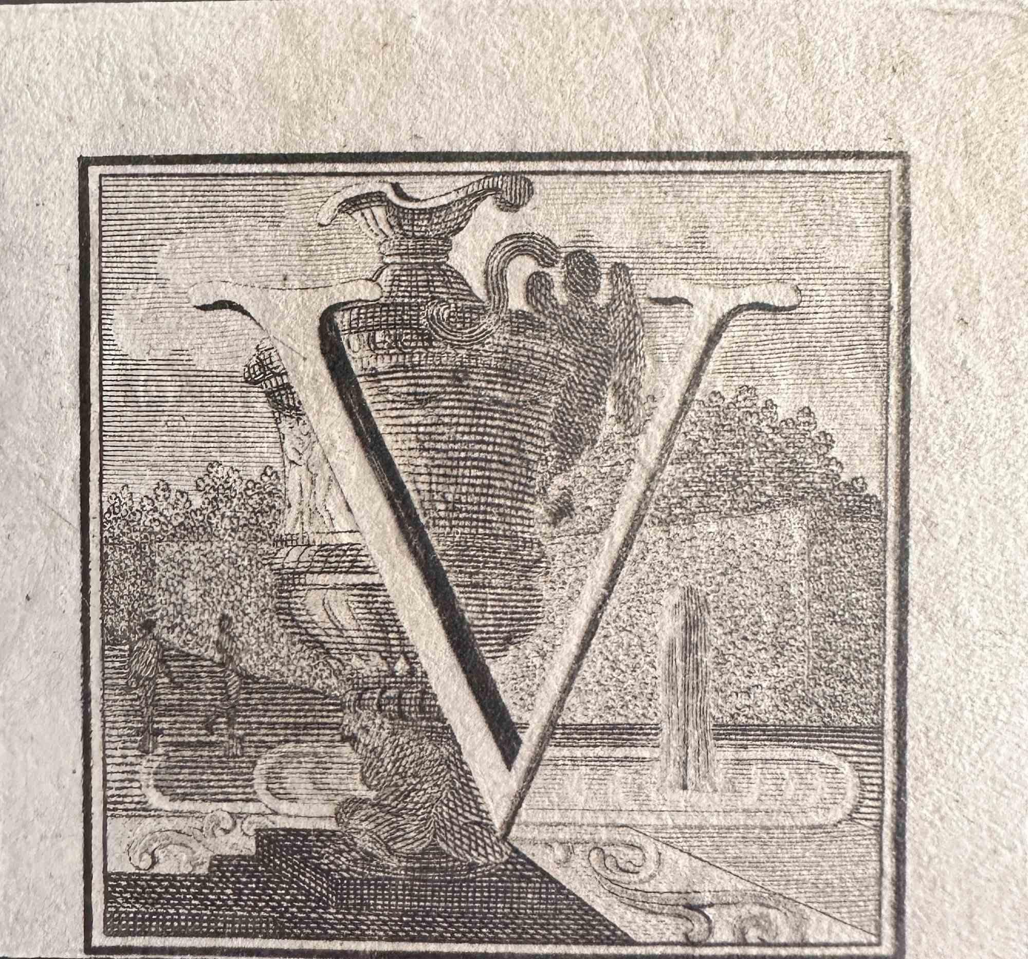 La lettre V est une gravure réalisée par Luigi Vanvitelli, artiste du XVIIIe siècle.

Bonnes conditions.

La gravure appartient à la suite d'estampes "Antiquités d'Herculanum exposées" (titre original : "Le Antichità di Ercolano Esposte"), un volume