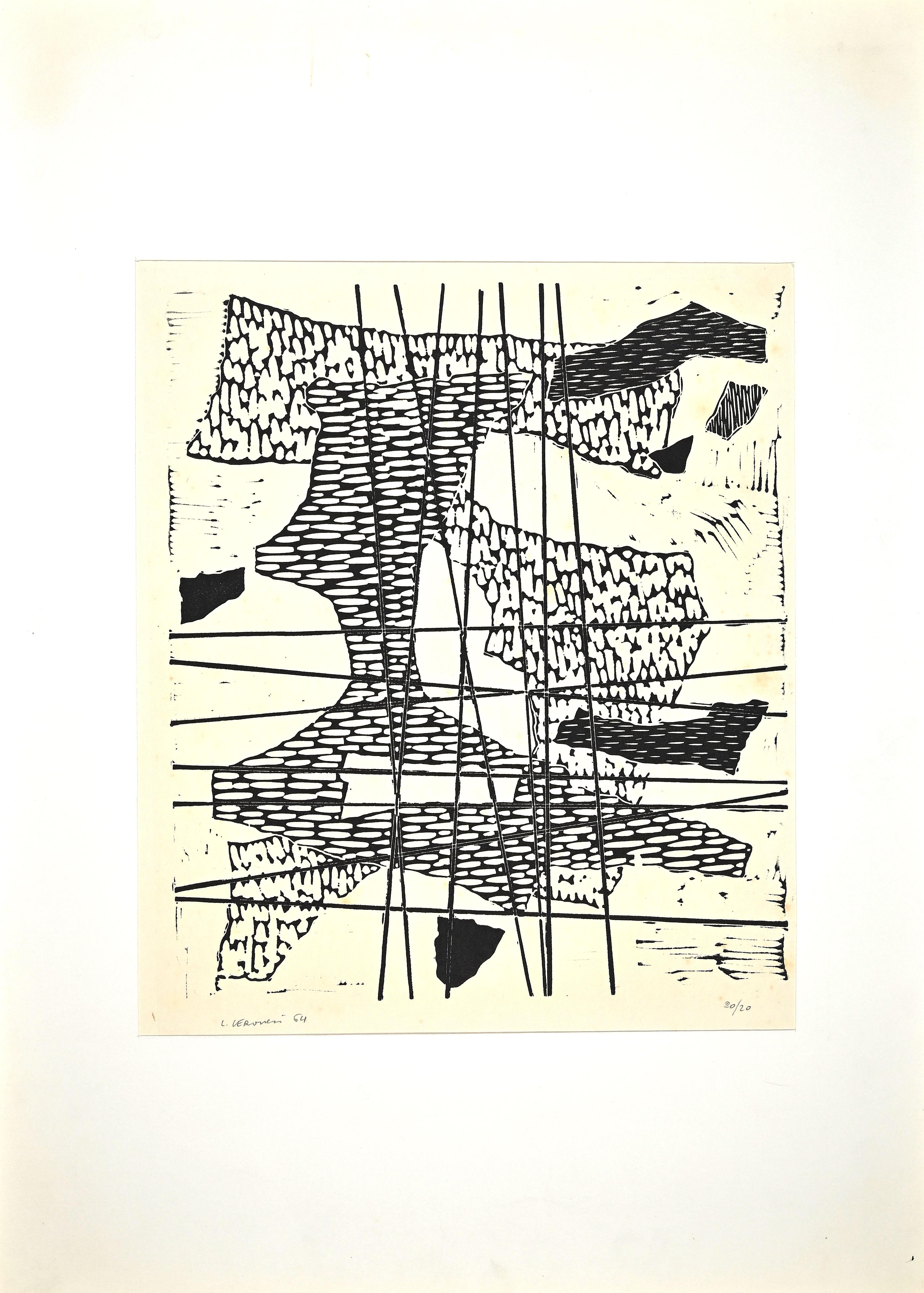 Composition - Linocut by Luigi Veronesi - 1964