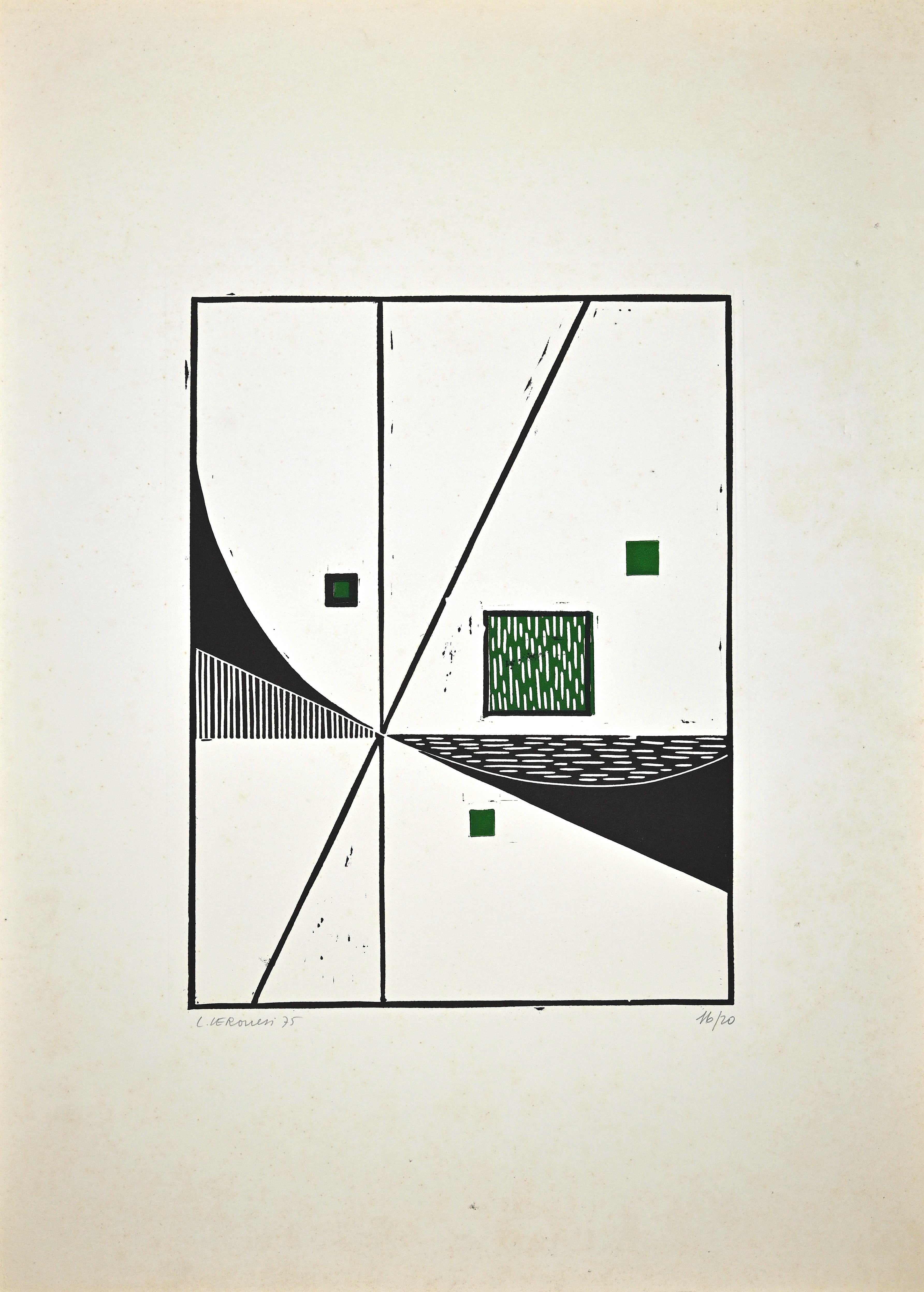 Composition - Linocut by Luigi Veronesi - 1975