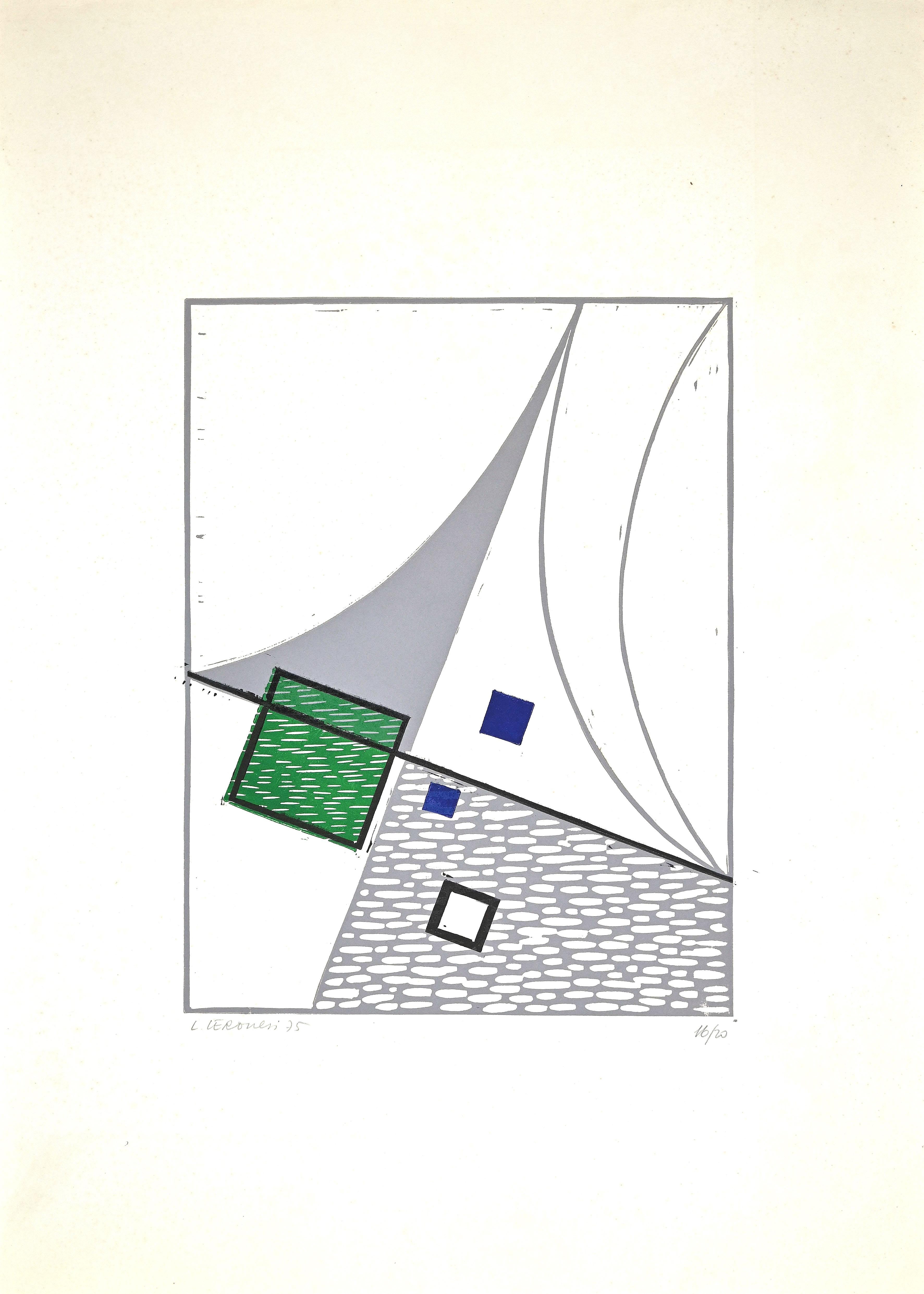 La composition est une linogravure originale réalisée par Luigi Veronesi en 1975.

Signé et numéroté à la main. Edition de 20 tirages.

Bonnes conditions.

 Dimensions de l'image : 39 x 31 cm.