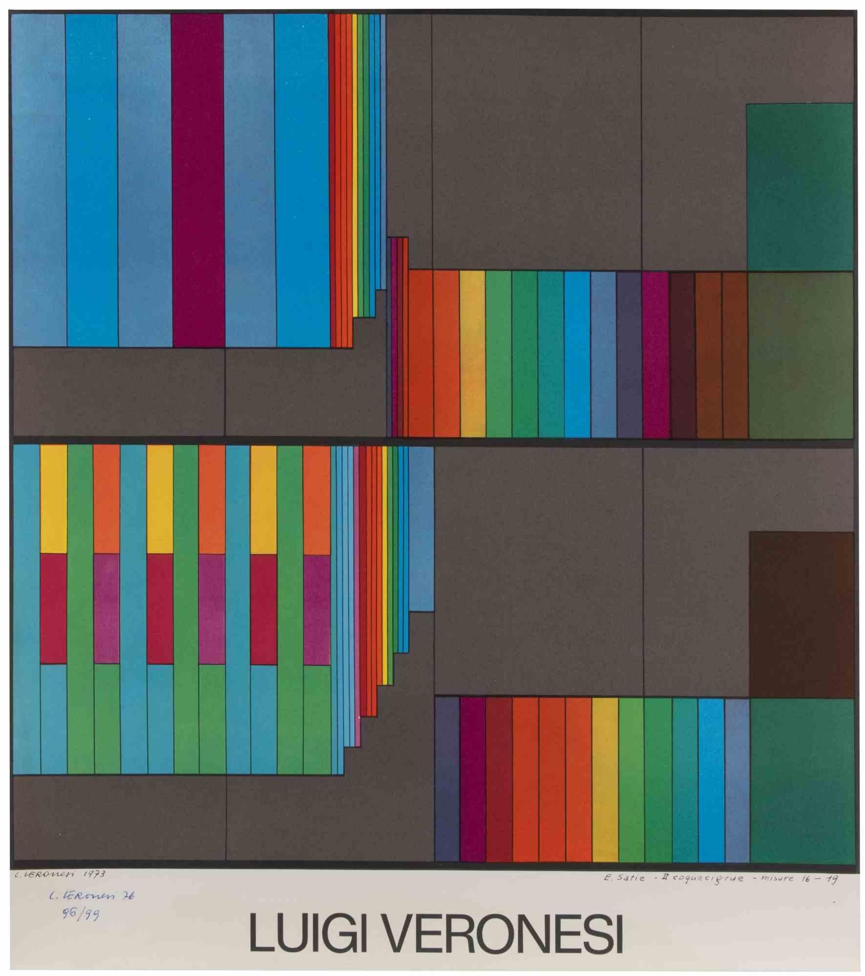 E. Satie - II Coquecigrue is a lithograph, realized in the 1970s by  Luigi Veronesi .

Hand-signed in the lower left.

Numbered. edition of 99.

In very good condition.

The artwork represents a poetical creation with color and shapes, with