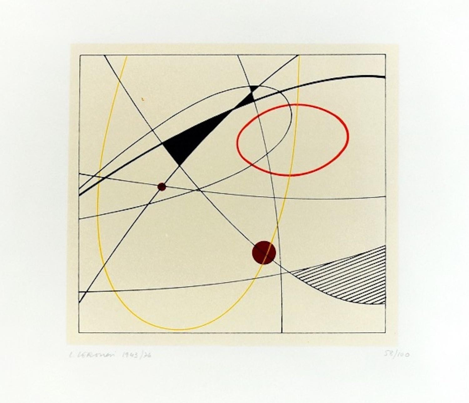 Image dimensions: 17.5x19 cm.

Untitled Composition is a beautiful colored serigraph on paper, realized in 1976 by the Italian artist, Luigi Veronesi and  published by La Nuova Foglio, Macerata (as the dry-stamp on the lower right corner shows).