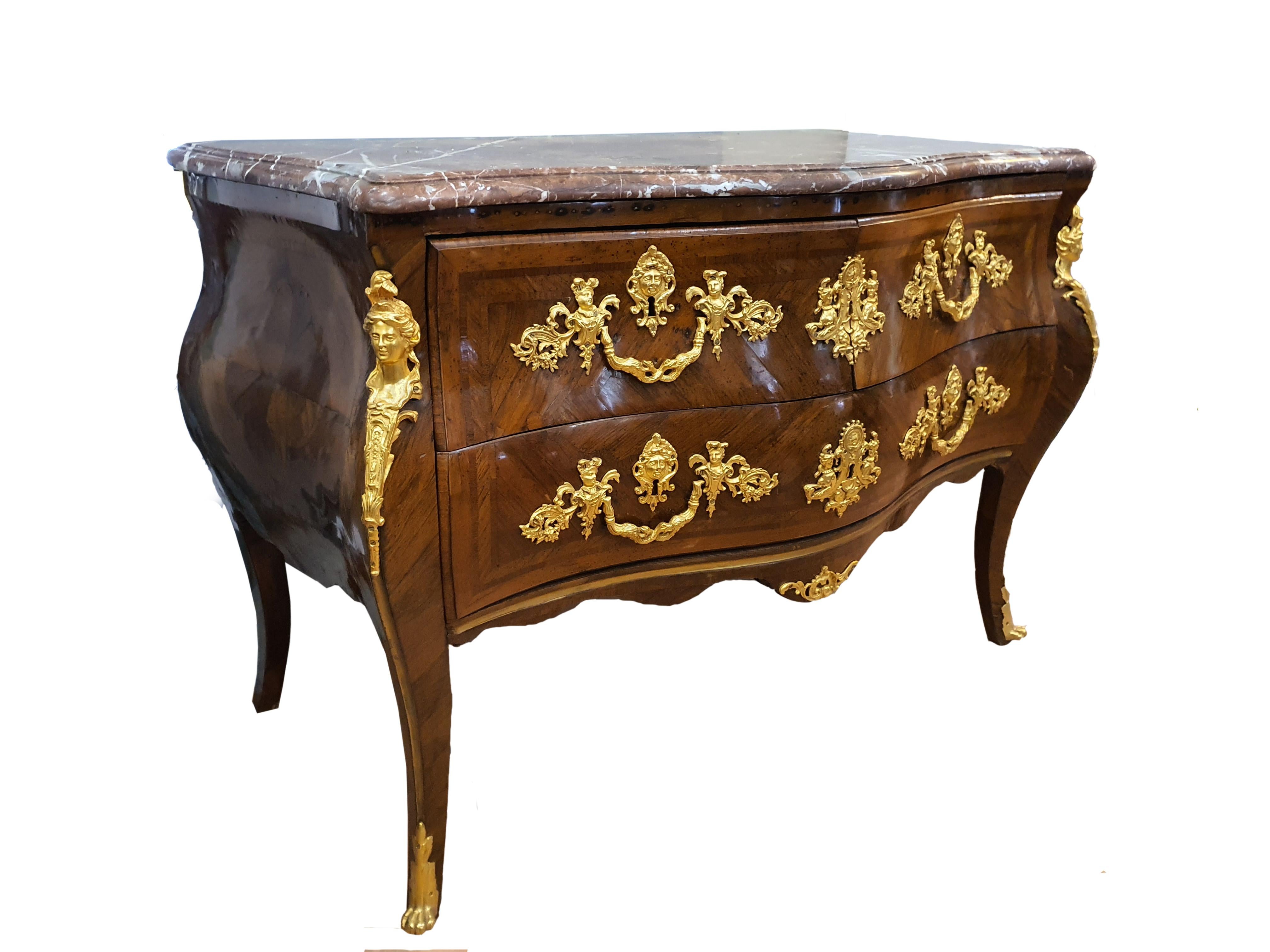 French 18th Century Louis XV Commode Chests of Drawers Gilded Bronze Frech Marble