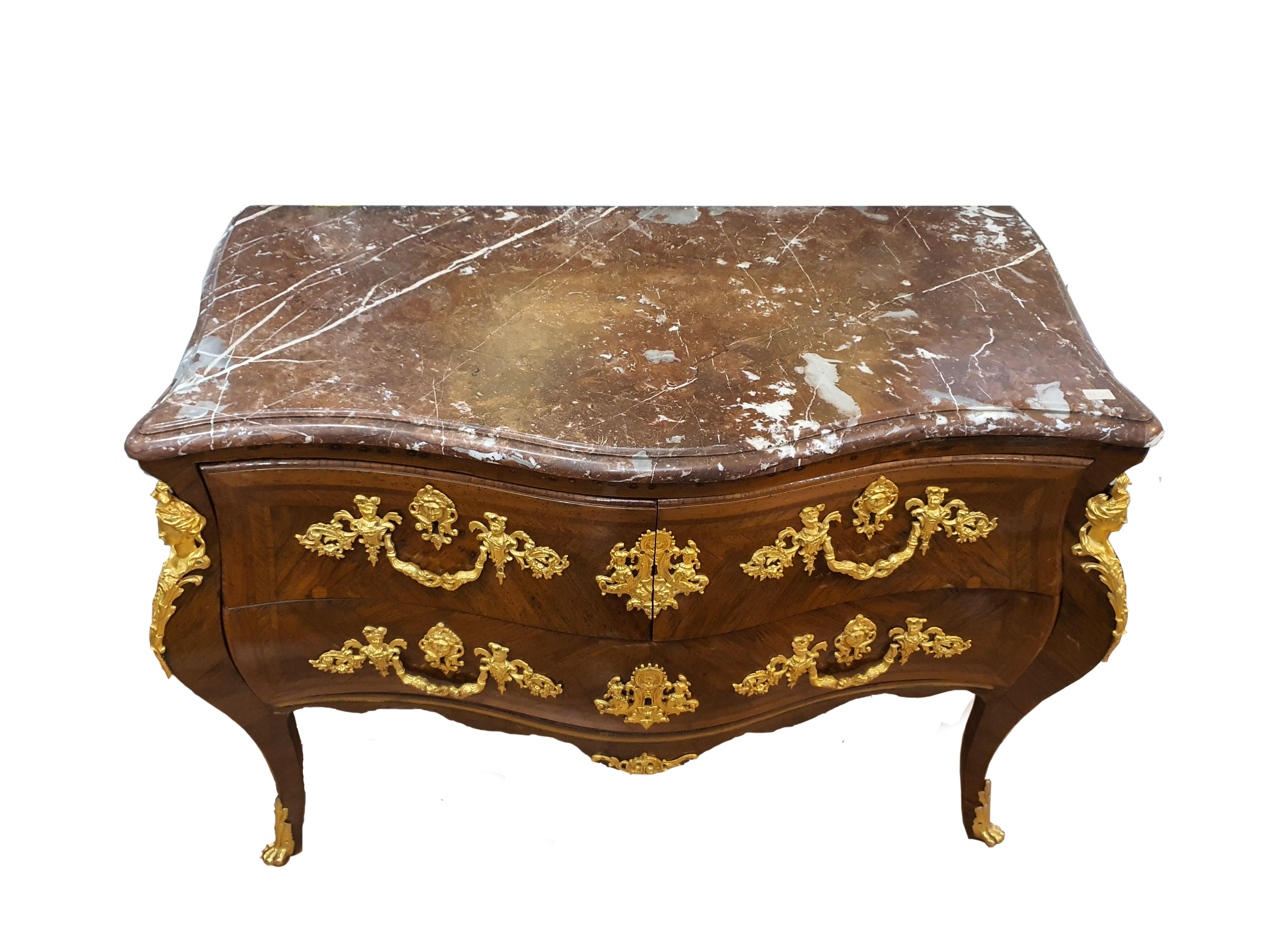 Veneer 18th Century Louis XV Commode Chests of Drawers Gilded Bronze Frech Marble