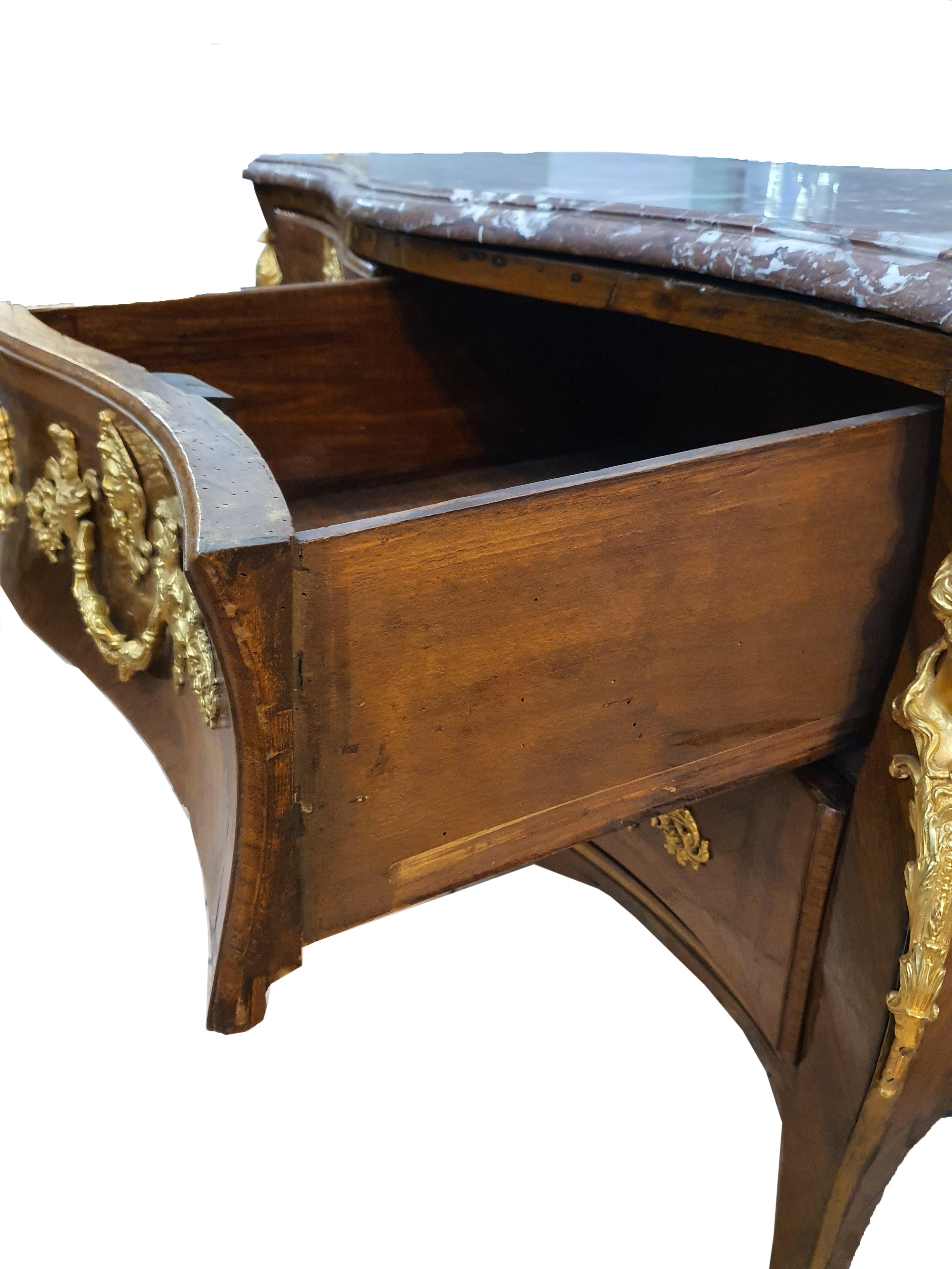18th Century Louis XV Commode Chests of Drawers Gilded Bronze Frech Marble 1