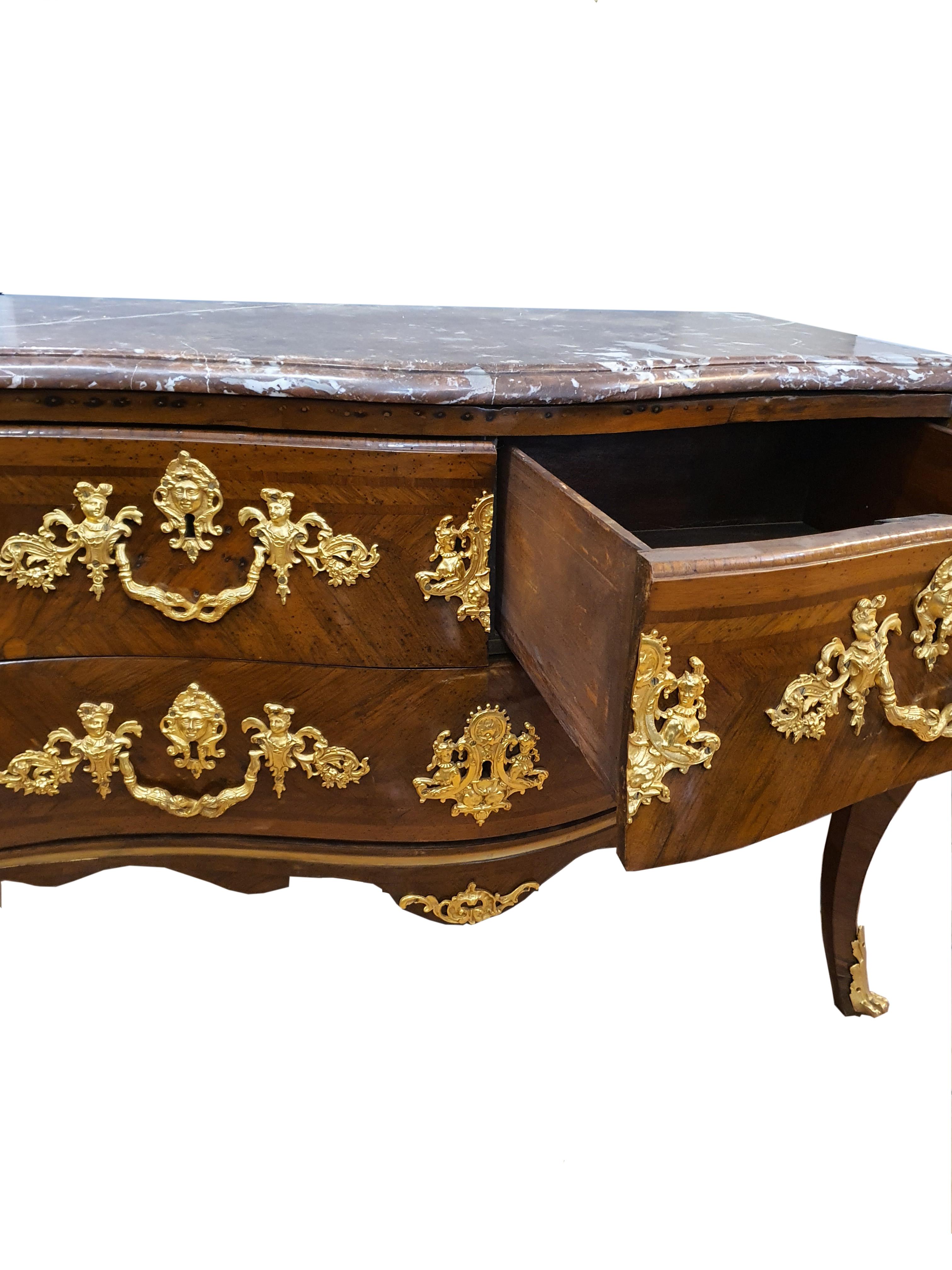 18th Century Louis XV Commode Chests of Drawers Gilded Bronze Frech Marble 2