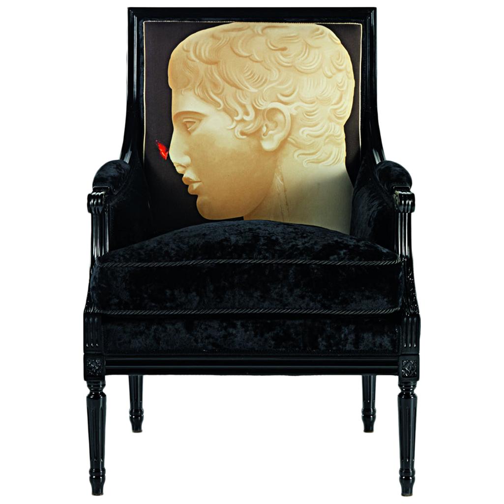 Luigi XVI-Canc Armchair in Lacquer & Printed Fabric, Paolo Canciani & Zanaboni