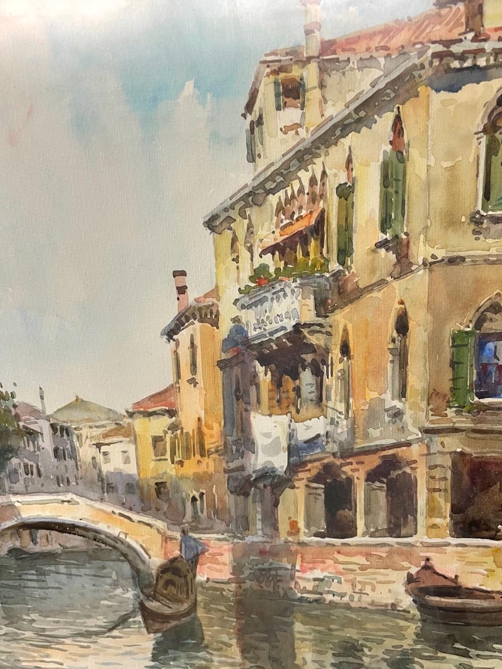 Tranquille scene di canali veneziani in una coppia di C.I.C. della metà del XX secolo. Dipinti - Painting di Luigi Zugolo
