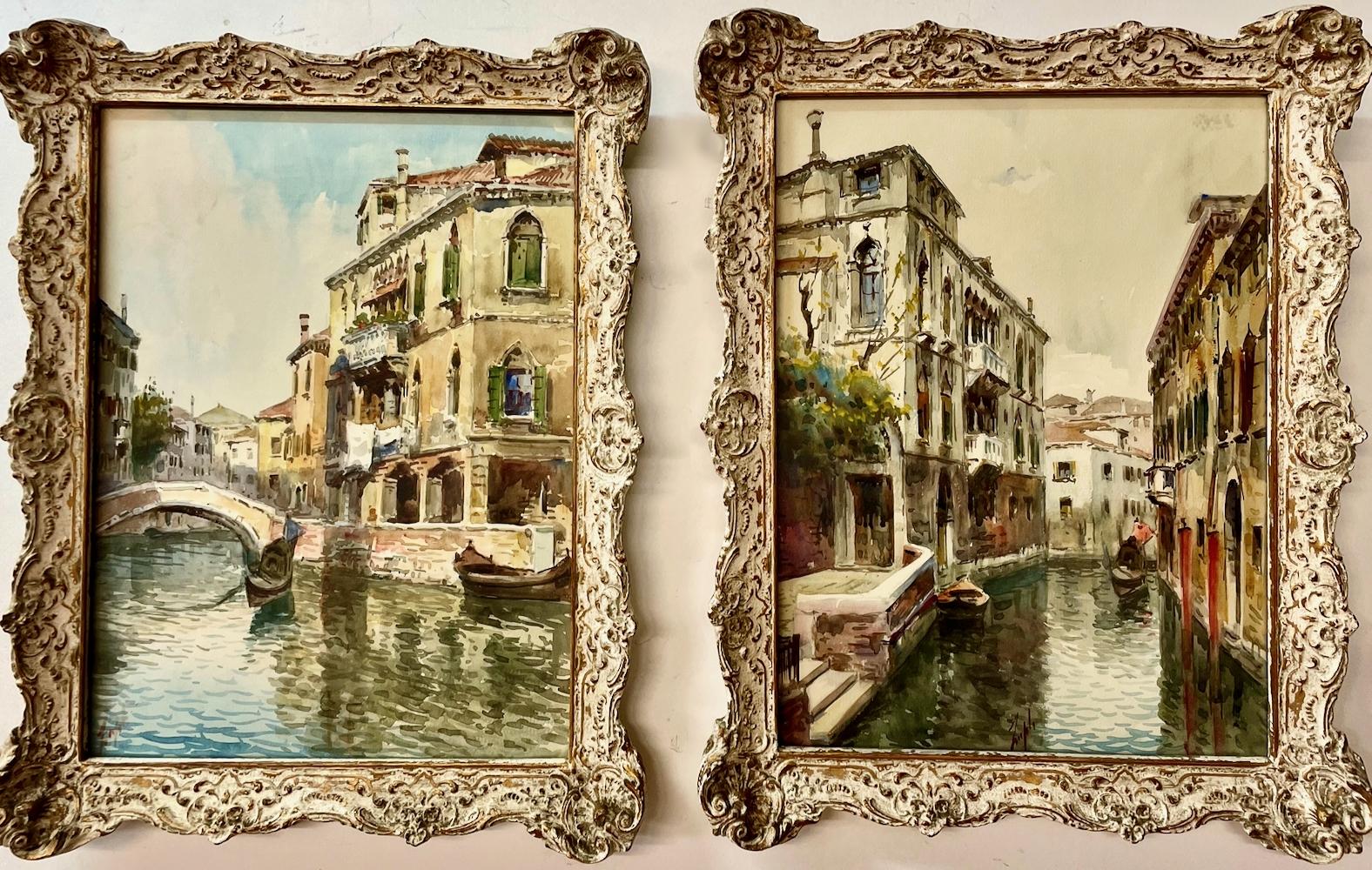 Peaceful Venetian Canal Scenes in a Pair of Mid 20th-C. Paintings