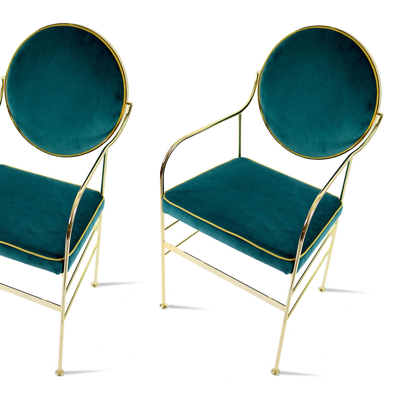 Combining vivid colors, a precious finish, and hand-craftsmanship, this chair will make an elegant statement in a modern interior. Its silhouette updates the Louis chair, reinterpreted here with an iron structure that boasts a 24-karat gold plating