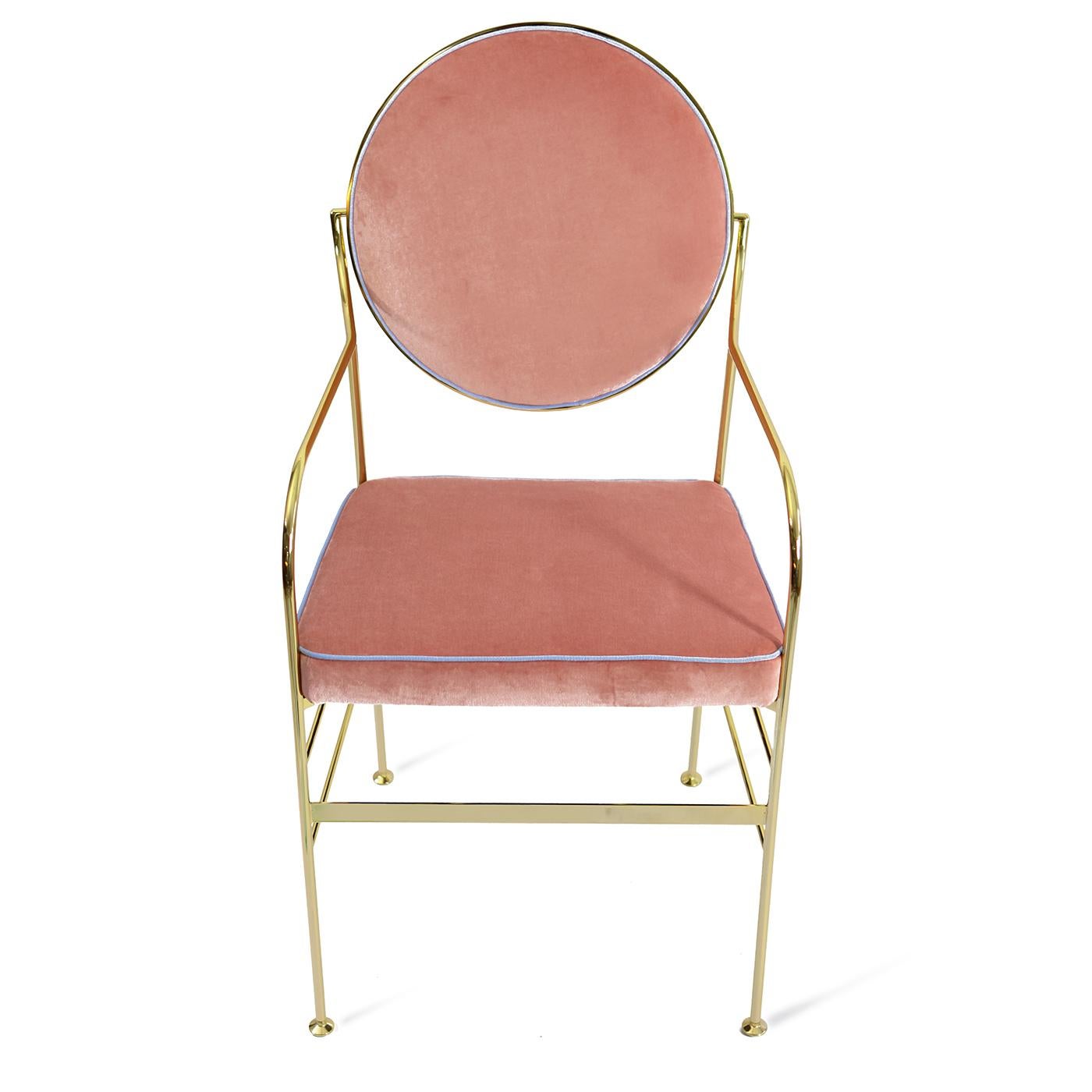 Inspired by the elegance of the Louis chair, this playful and modern design is a superb addition to a contemporary interior, where it will add a touch of delicate color to any room in the house. Its 24-karat gold plated-iron frame is light and airy