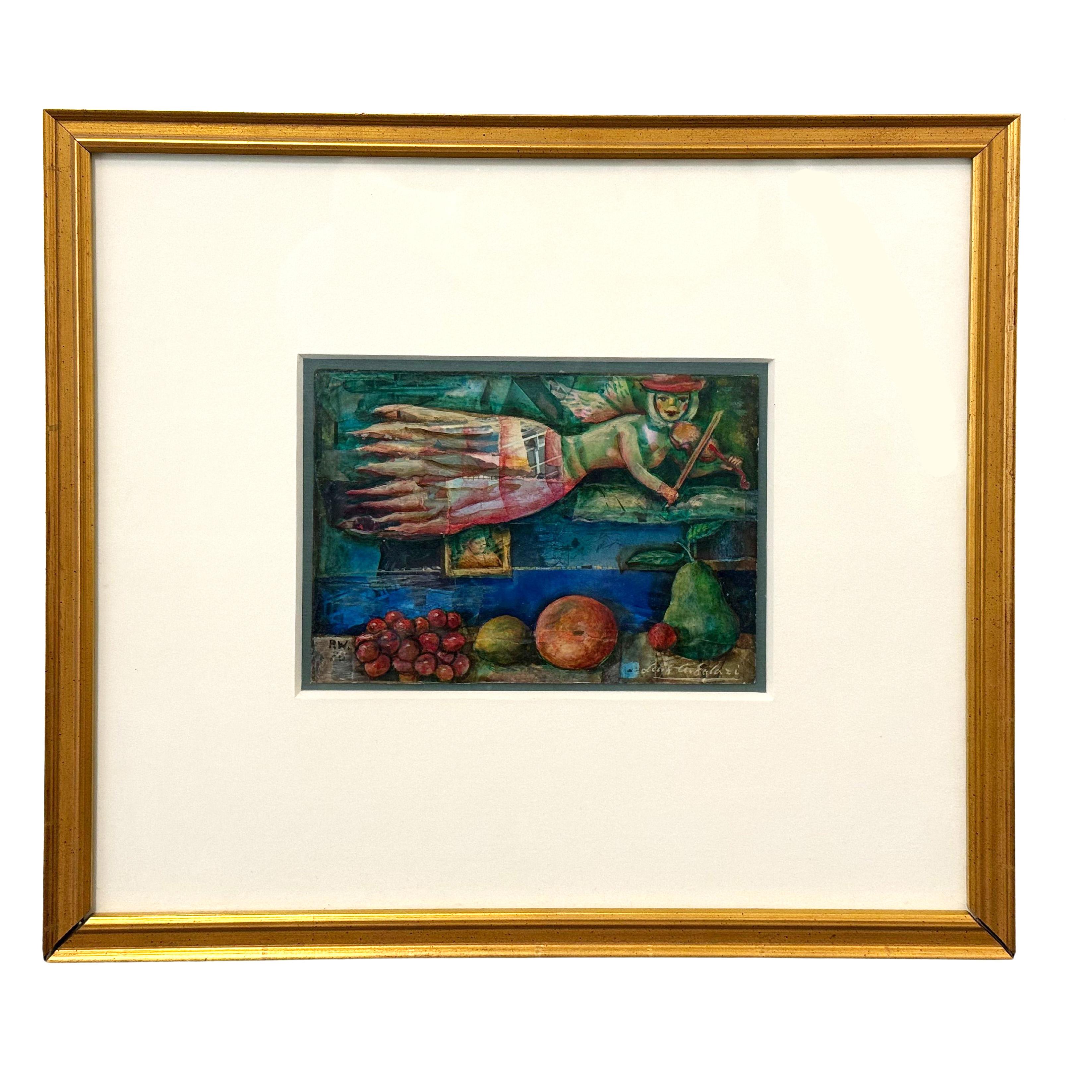 In Der Engel der Musik präsentiert Luis Alberto Solari ein surreales, symbolträchtiges Tableau, in dem Figuration und Fantasie verschmelzen. In der Mitte schwebt eine geflügelte Figur mit roter Mütze waagerecht �über einen farbenprächtigen