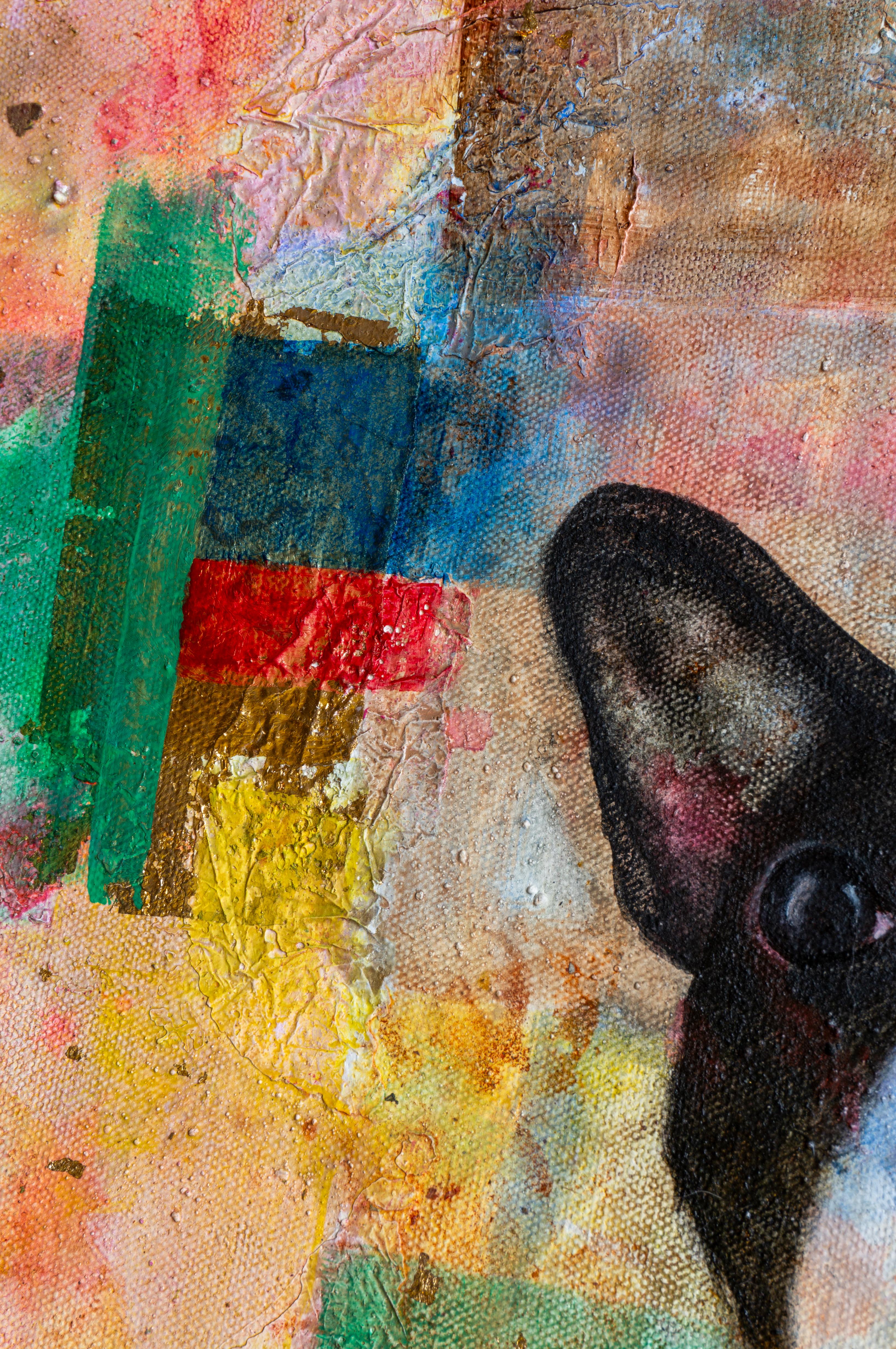 Ölgemälde mit dem Bild einer unbekannten französischen Bulldogge vor einem abstrakten Hintergrund aus Pastelltönen. Mit Abmessungen von 27