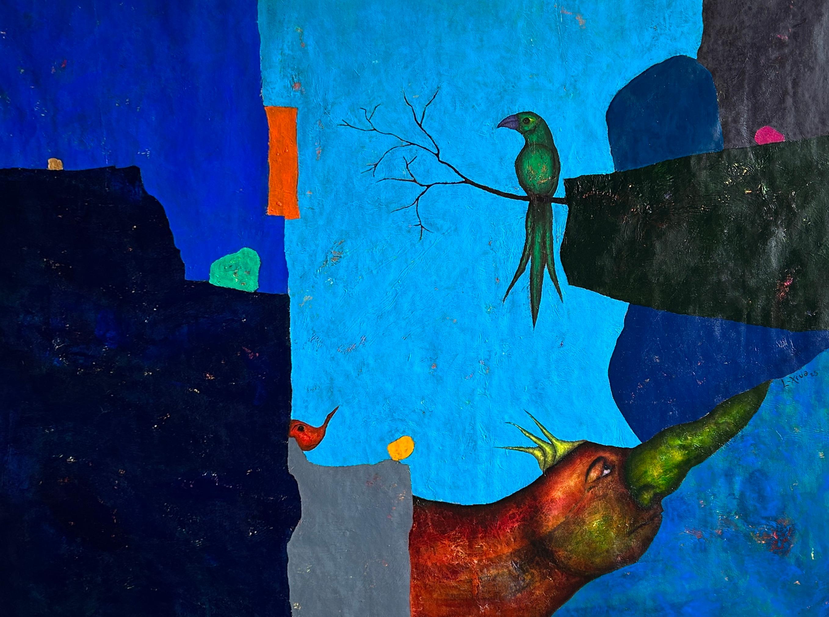 Abstract Composition with Color Fields – Contemporary Oil Painting "Far Blue 2"