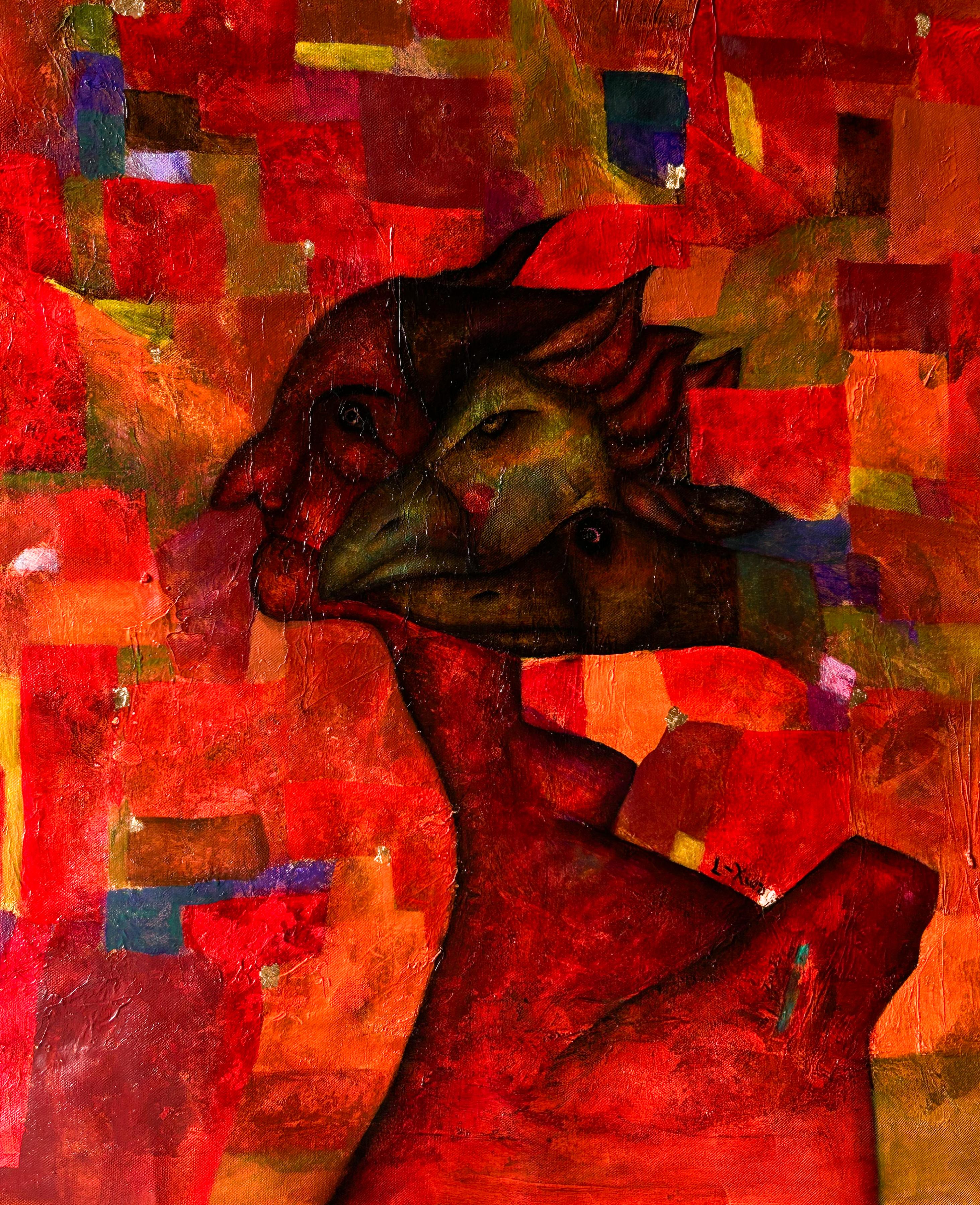 Abstract Figurative Red Oil On Canvas. 