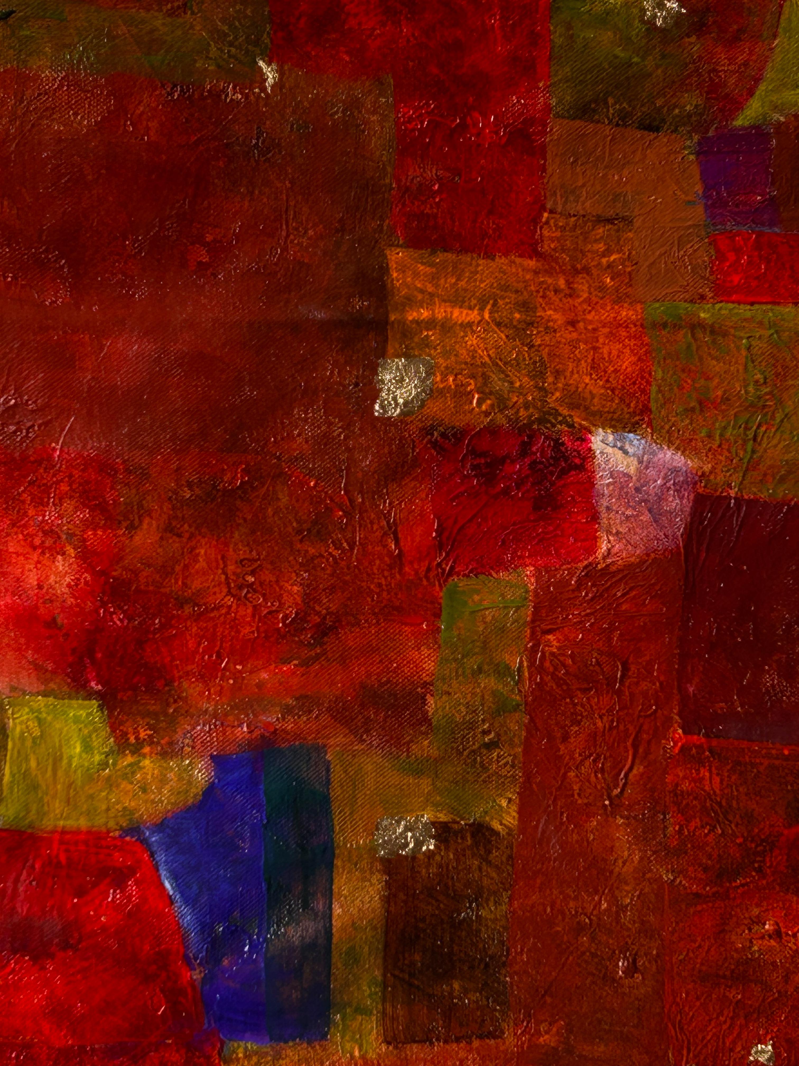 Oil painting on canvas featuring a mosaic of red, orange, and yellow tones, interspersed with abstract and representational elements and rich texture that imparts depth. It is created using professional Winsor & Newton and Rembrandt colors. A hybrid