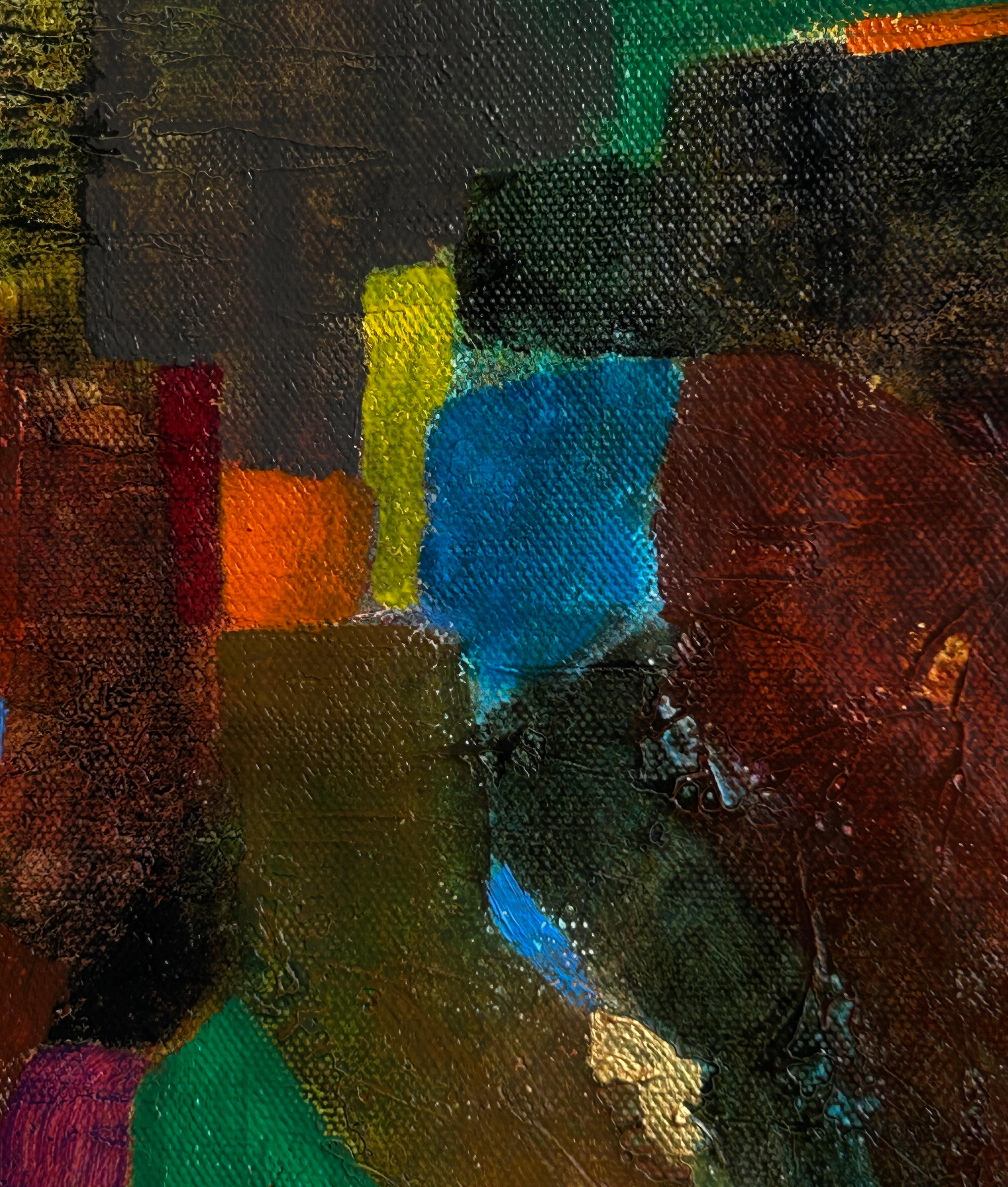 „Geschichte einer Freiheit“  ist ein abstraktes Gemälde, das sich durch seine Textur und seine Farbschichten auszeichnet. Das in Erdtönen gehaltene Werk wird durch blitzende Grün-, Orange-, Blau- und Violetttöne ergänzt. Es bietet ein dynamisches