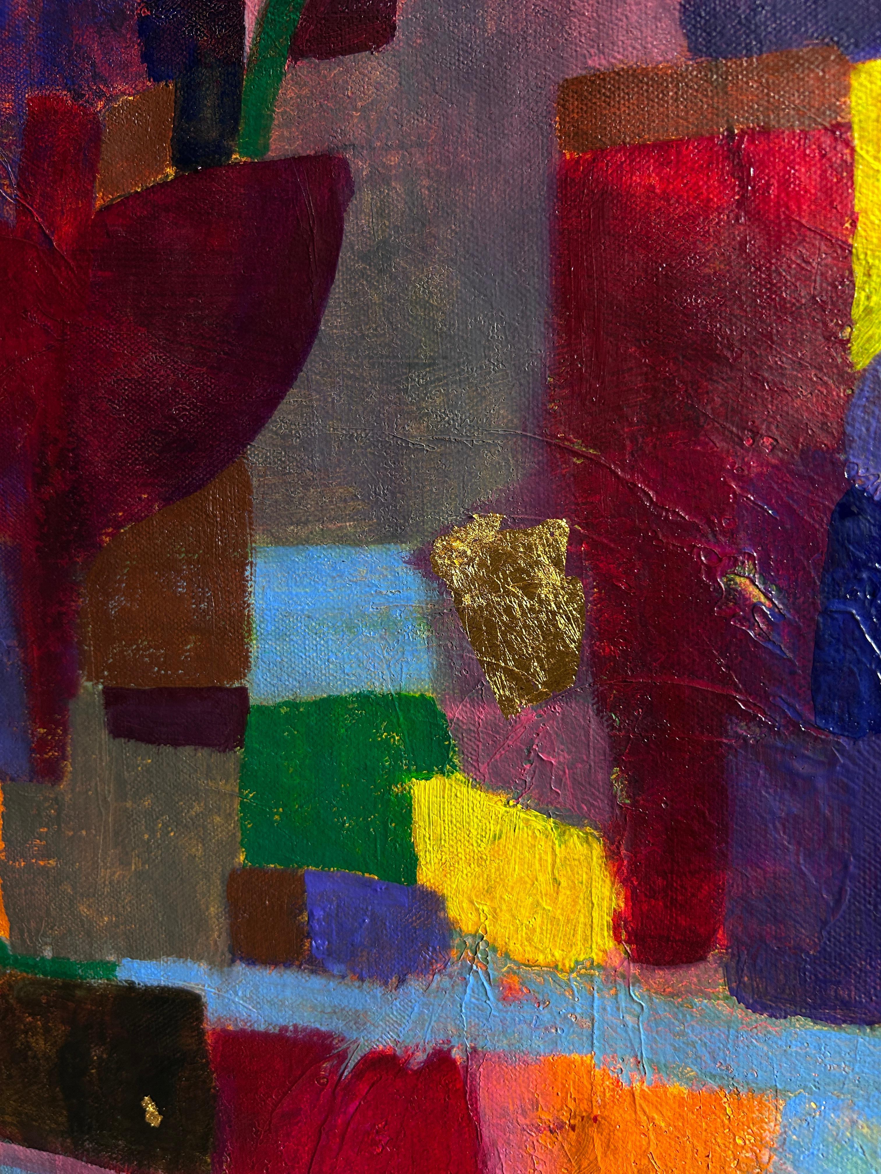 This oil painting of abstract forms is dominated by a rich palette of reds, purples, oranges, blues, and yellows, interweaving a mosaic of irregular geometric shapes, capturing overlapping fragments that allude to the orthogonal and spiritual