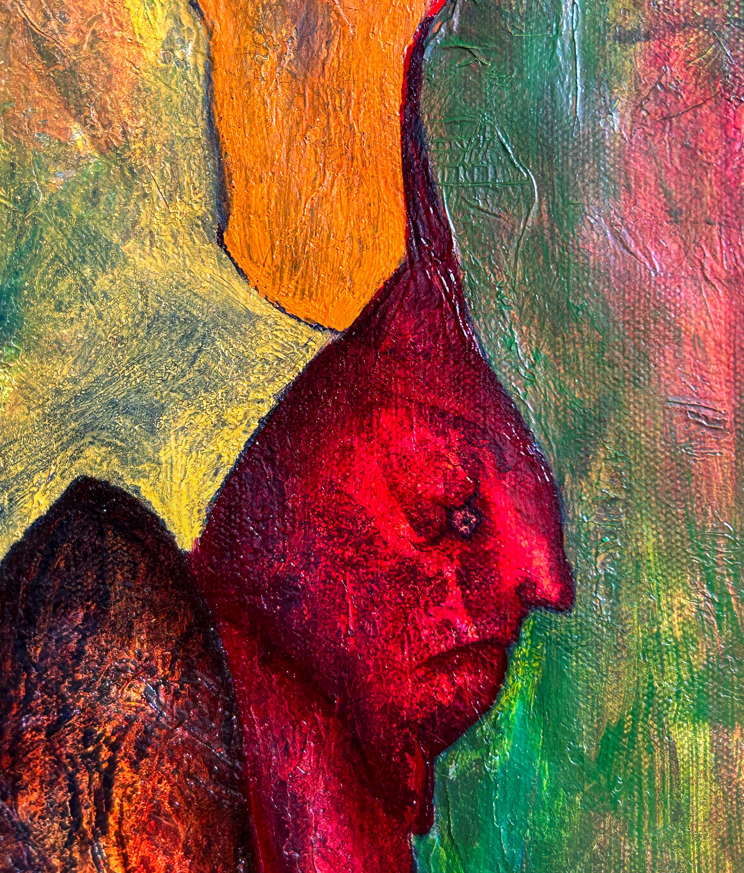 Pittura ad olio astratta con figure. 